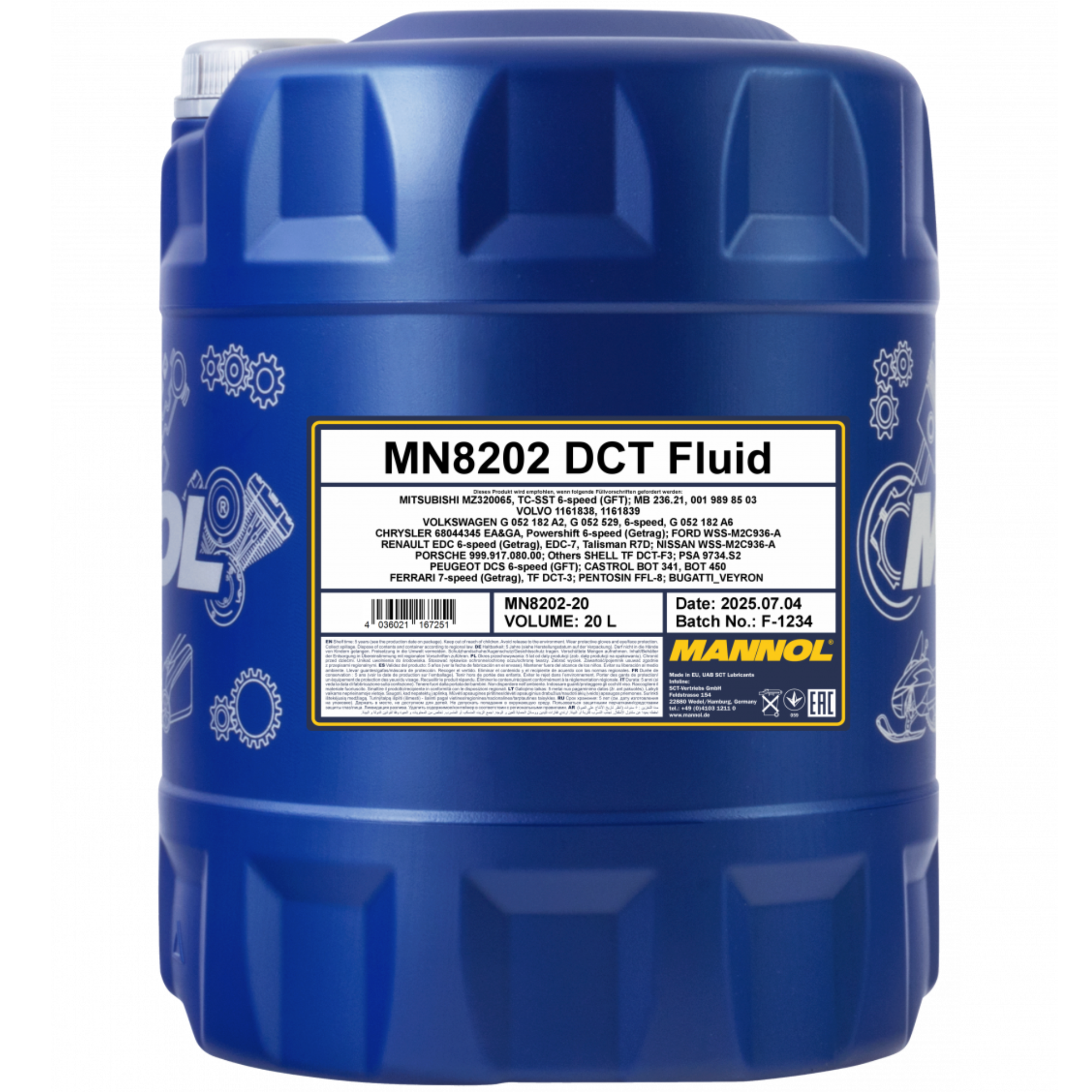 MANNOL DCT Fluid 8202 canister, 20 liters, high-performance transmission fluid for dual-clutch transmission (DCT) systems.