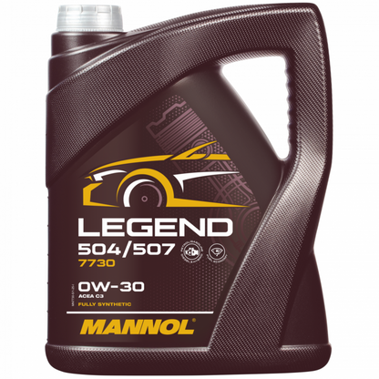MANNOL Engine Oil Legend 504/507 0W-30 7730 bottle, 5 liters, fully synthetic motor oil for modern gasoline and diesel engines.