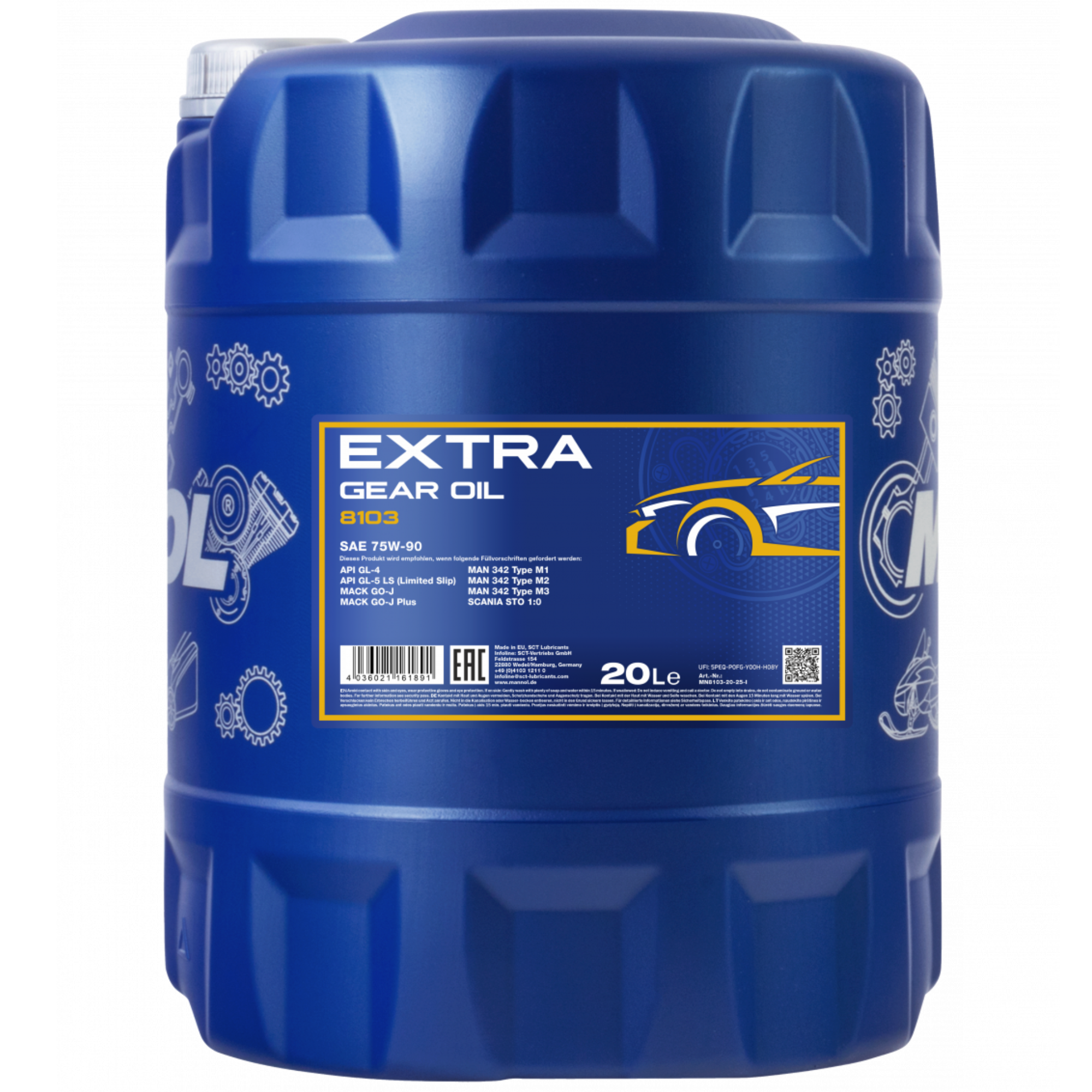 MANNOL Extra Gear Oil 75W-90 GL-4/GL-5 LS 8103 canister, 20 liters, synthetic gear oil for manual transmissions and limited slip differentials.