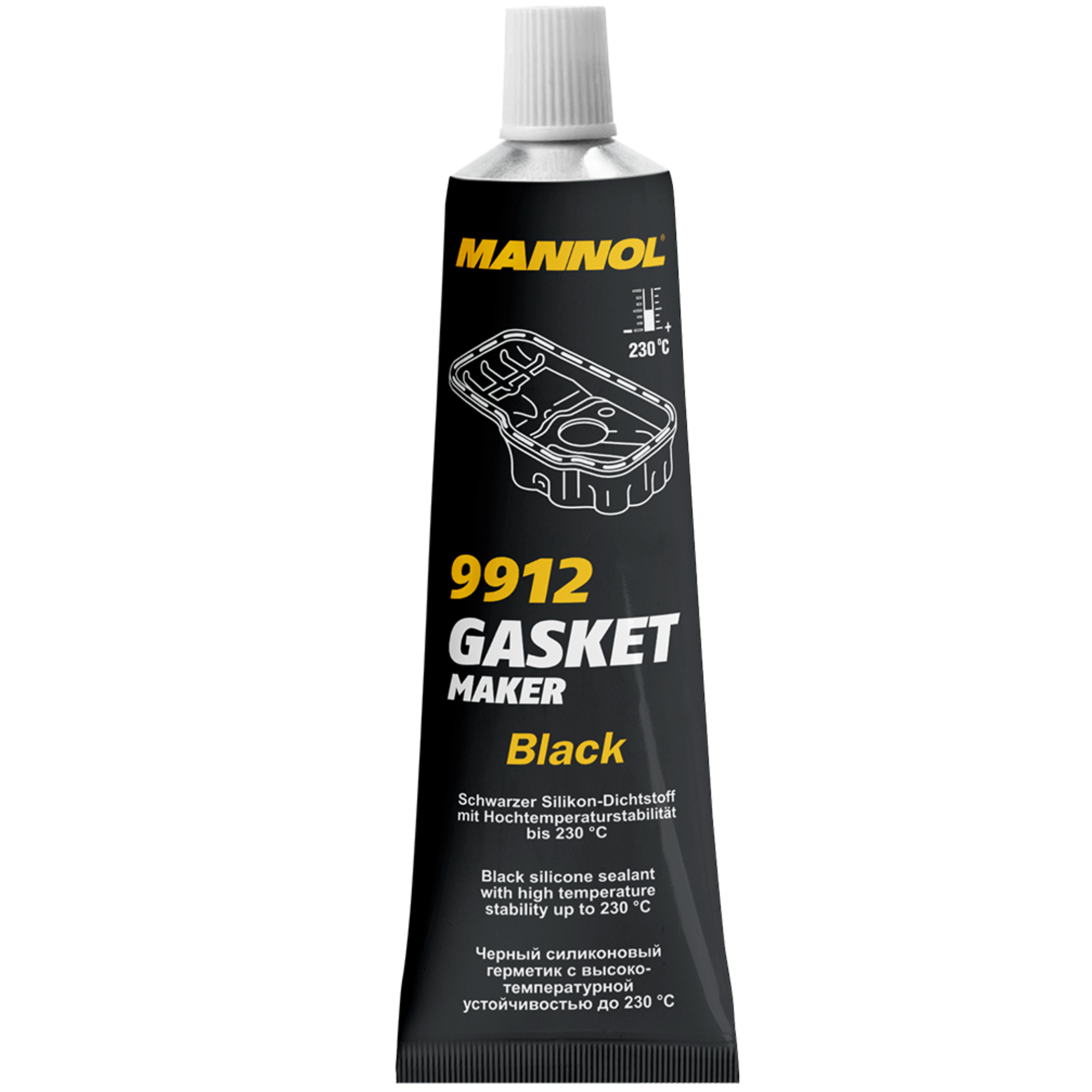 Tube of MANNOL Gasket Maker Black, 85g, a high-temperature RTV silicone sealant used for automotive gasket applications, shown in black and yellow packaging