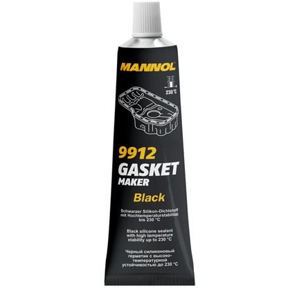 Tube of MANNOL Gasket Maker Black, 85g, a high-temperature RTV silicone sealant used for automotive gasket applications, shown in black and yellow packaging