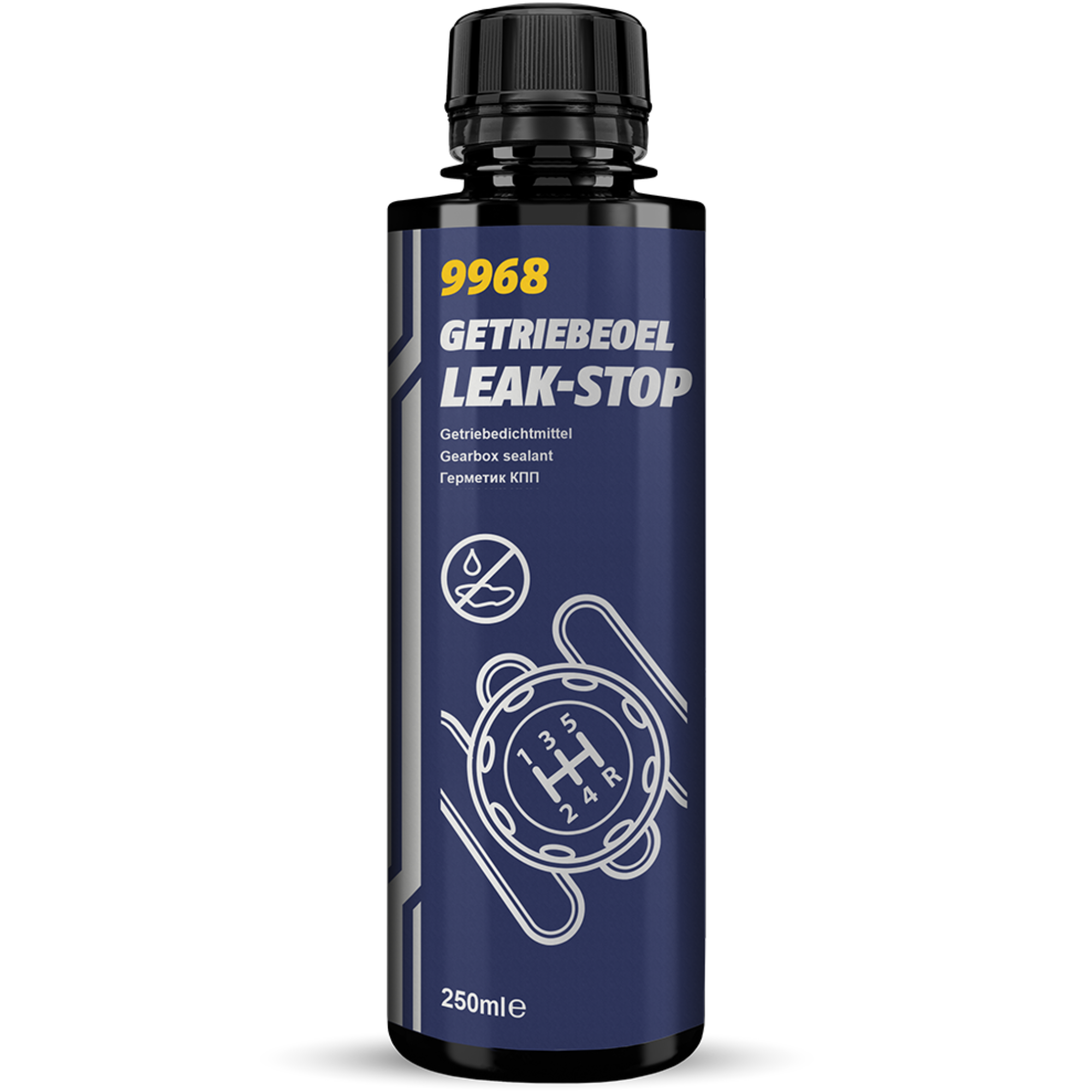 250ml bottle of MANNOL Getriebeoel Leak-Stop, an additive designed to prevent and seal gearbox oil leaks, in a compact black and yellow container