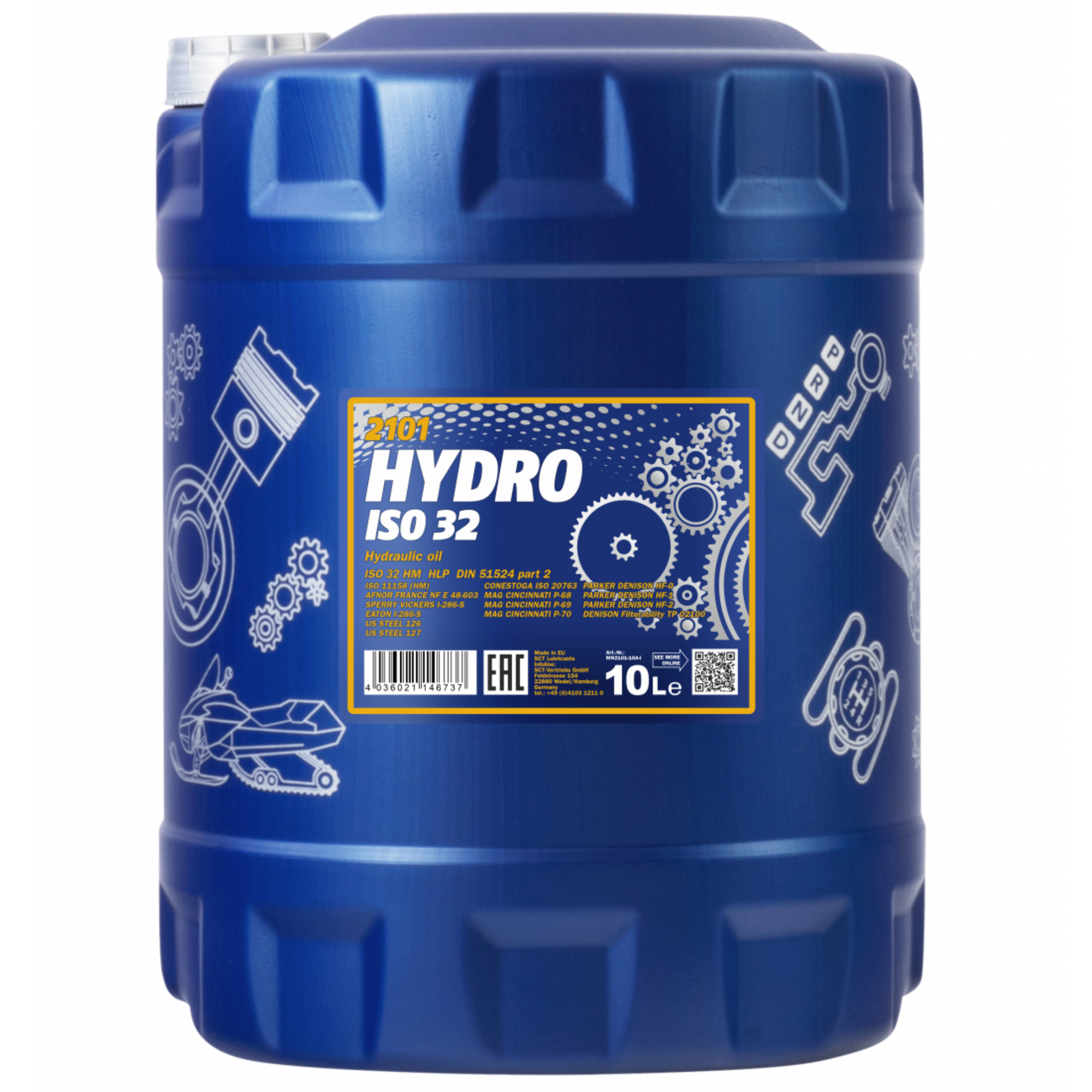 MANNOL Hydro ISO 32 Longlife 2101 – 10-liter container of high-performance hydraulic oil, designed for industrial and mobile hydraulic systems, with durable plastic canister and labeled front