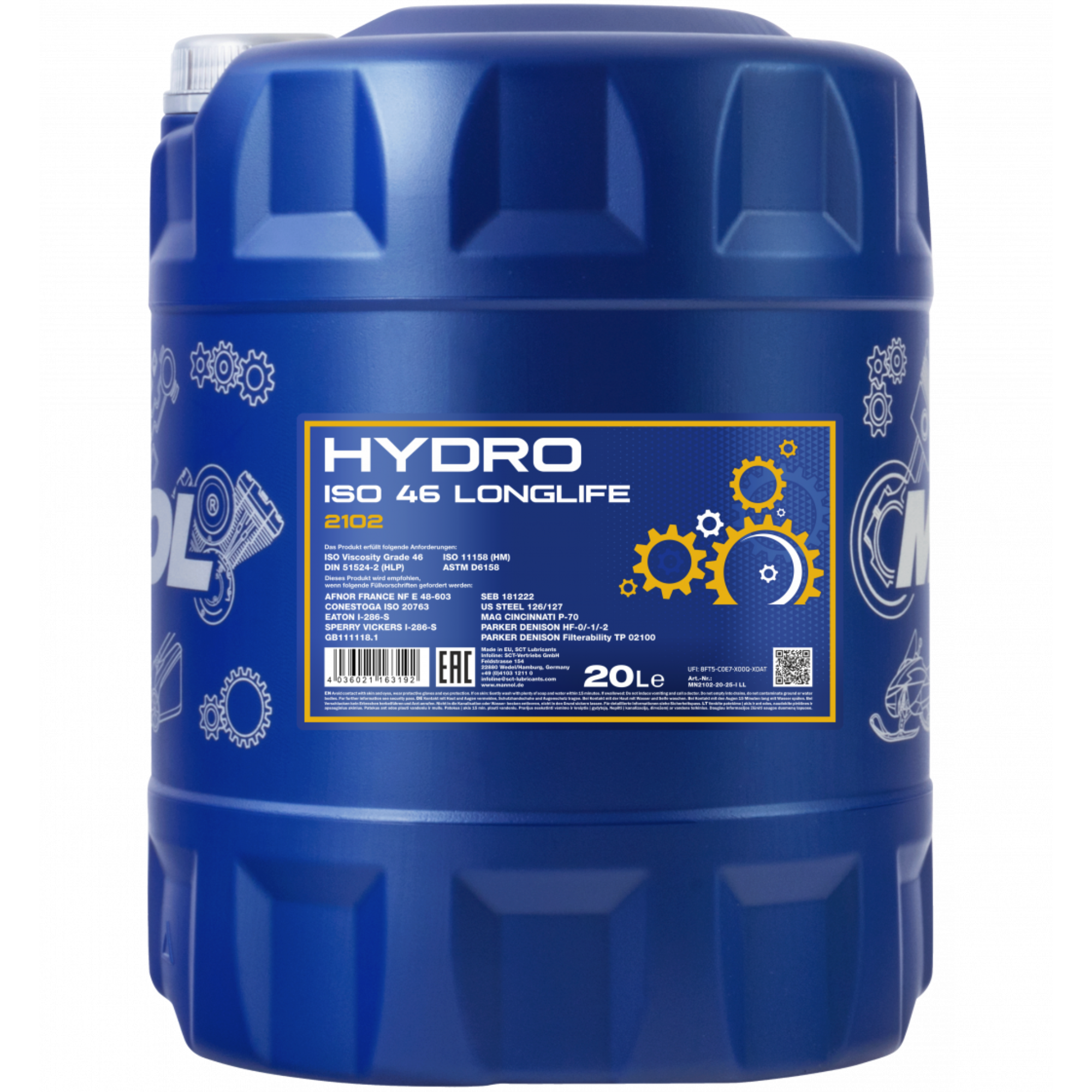 MANNOL Hydro ISO 46 Longlife 2102 hydraulic oil canister, 20 liters, designed for long-lasting lubrication and protection of hydraulic systems.
