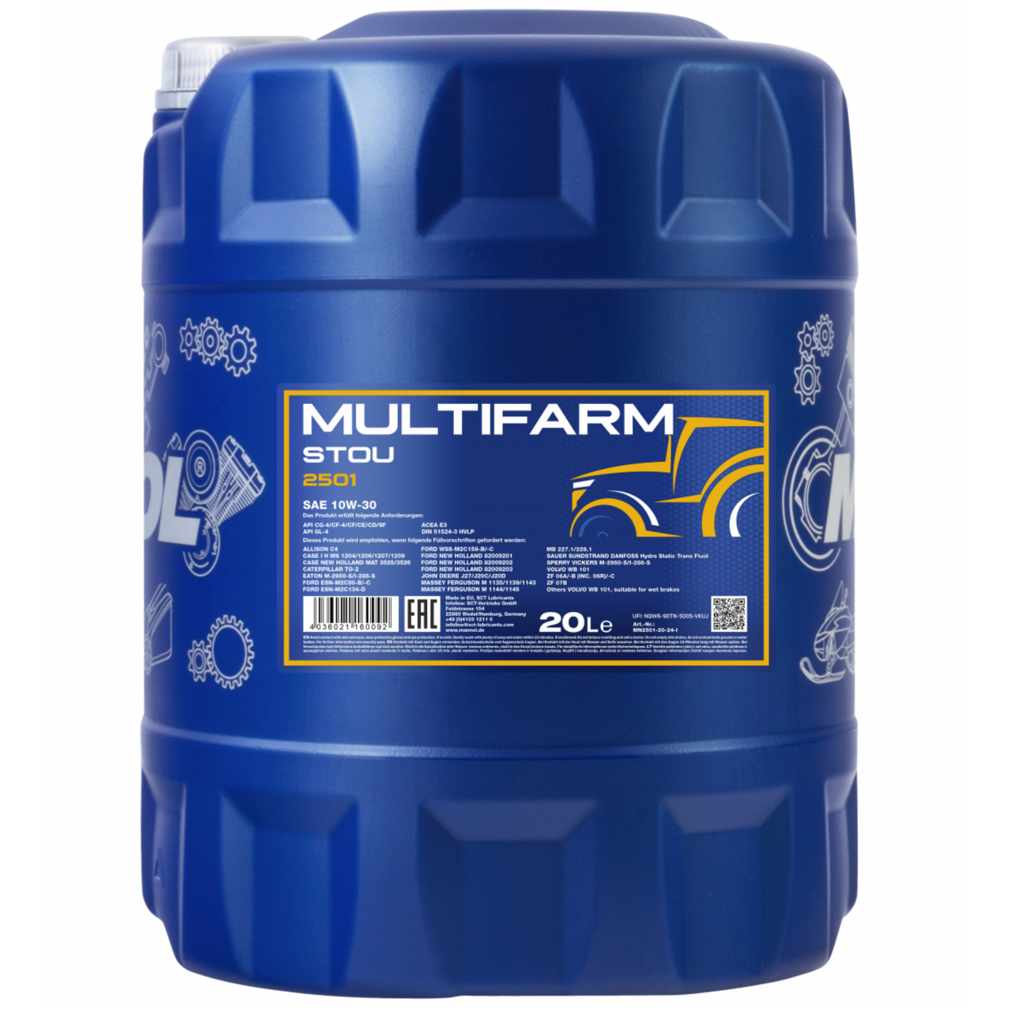 MANNOL Multifarm STOU 10W-30 2501 – 20-liter container of universal engine oil for agricultural and construction machinery, in a large, durable plastic canister with molded handle and detailed product label.