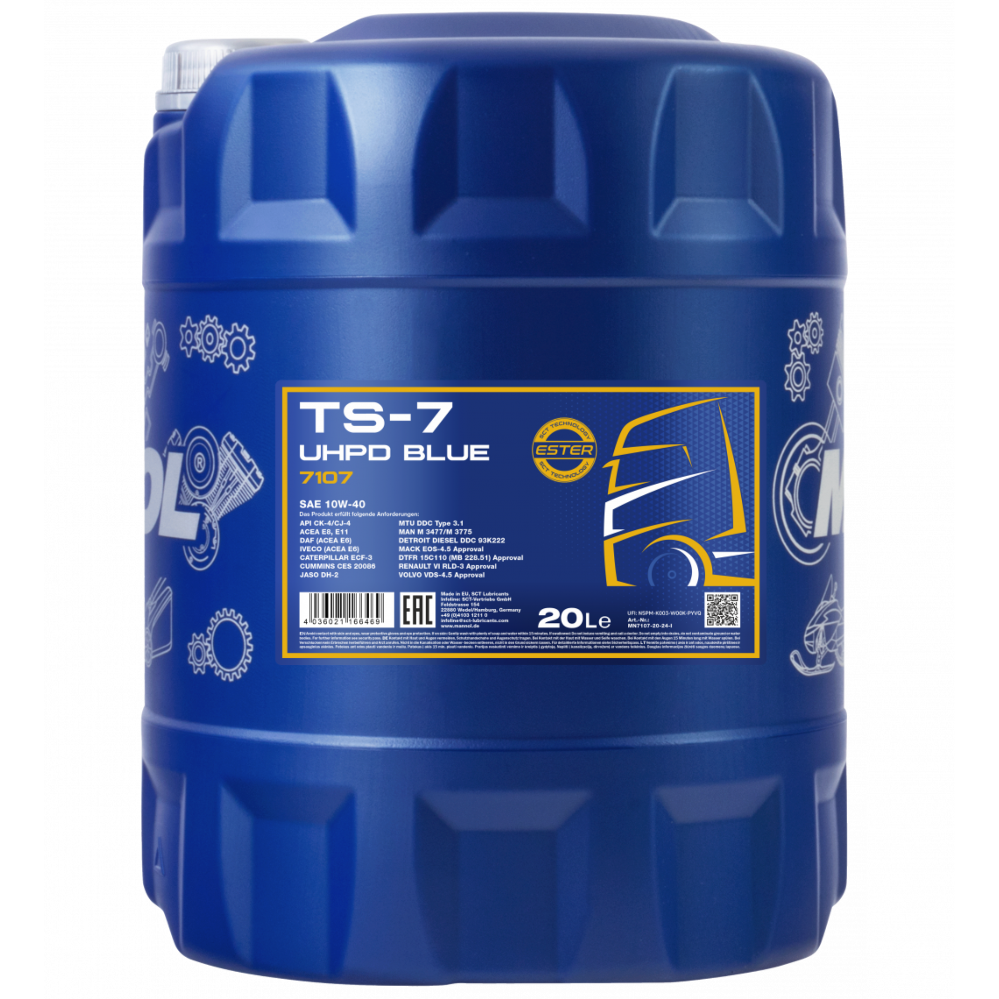 "MANNOL TS-7 UHPD 10W-40 Blue 7107 – 20-liter container of heavy-duty diesel engine oil for commercial vehicles, in a sturdy blue plastic canister with molded handle and detailed front label.