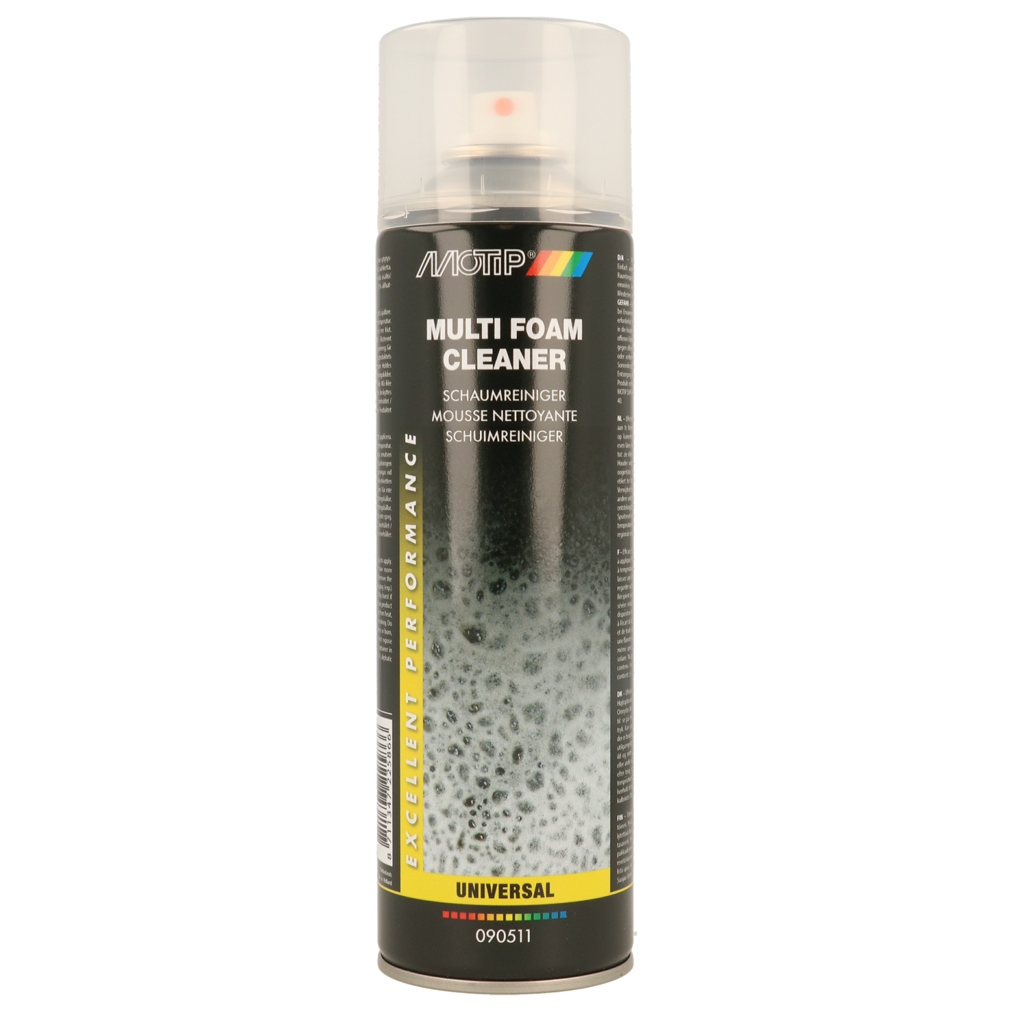 MOTIP Multi Foam Cleaner spray can, 500ml, designed for cleaning various surfaces such as plastic, upholstery, and glass.
