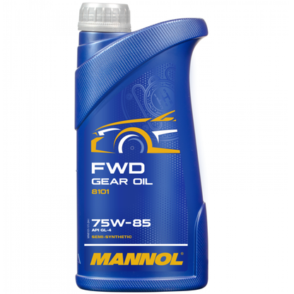 1-liter bottle of Mannol FWD GETRIEBEOEL 75W-85 GL-4 gear oil, designed for front-wheel-drive manual transmissions, in black and blue packaging