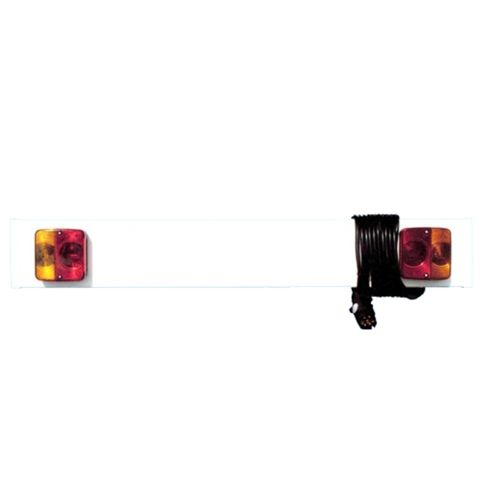 Maypole trailer board with integrated rear lights, reflectors, and mounting brackets, designed for attaching to the back of a trailer to provide brake, indicator, and tail light functions for safe road use.