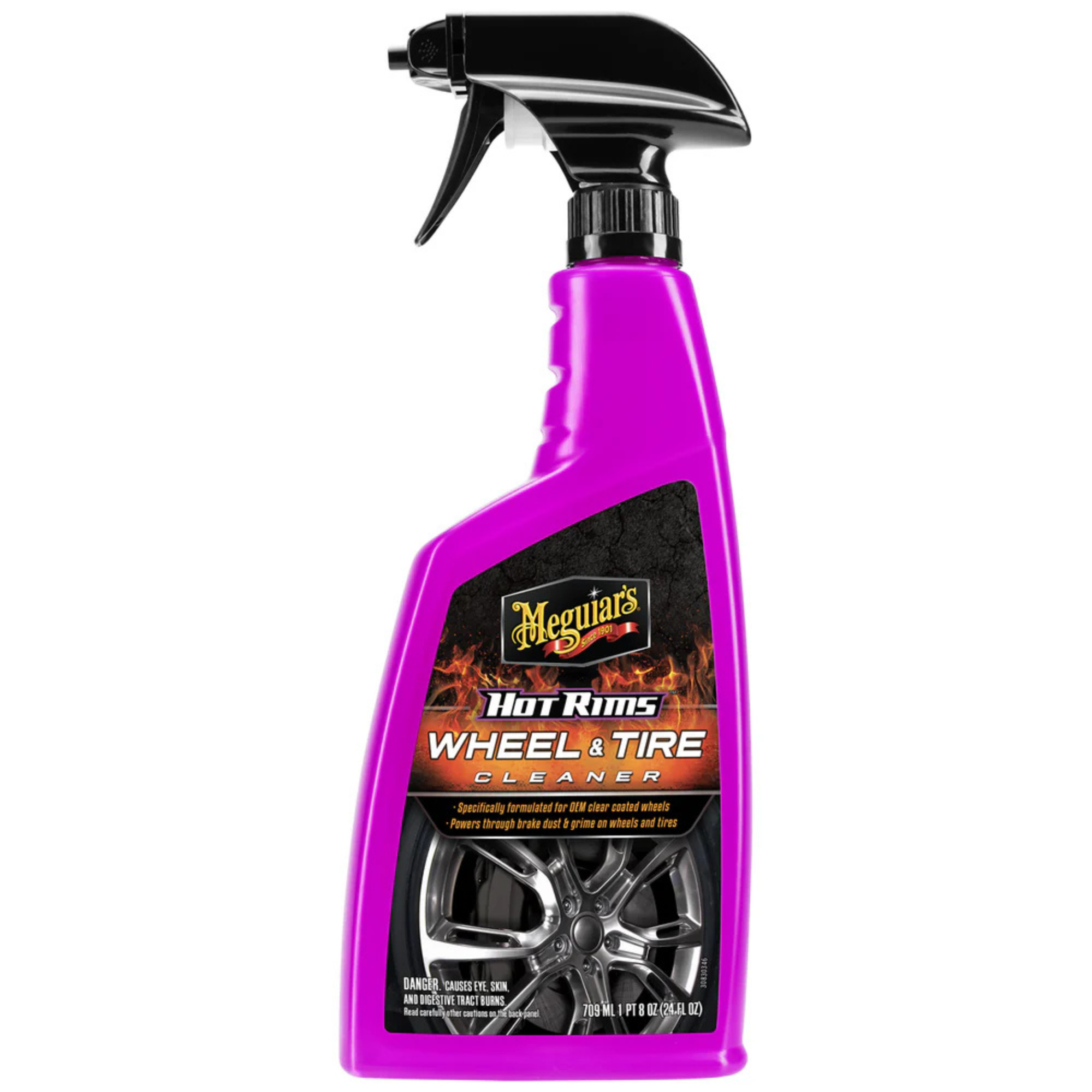 Meguiar's Hot Rims All Wheel & Tyre Cleaner 710ml spray bottle, designed for cleaning wheels and tires, featuring a bright orange liquid and ergonomic spray nozzle