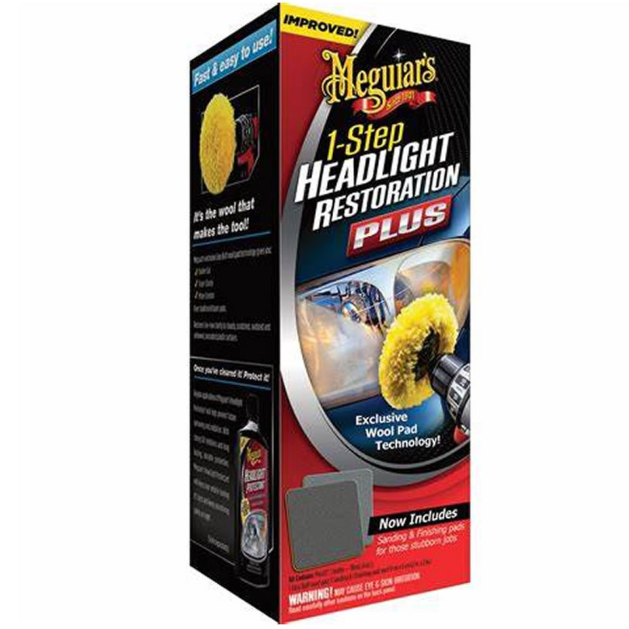 Meguiar's 1-Step Headlight Restoration Kit, 118ml bottle, shown with applicator pad and accessories for restoring clarity to car headlights
