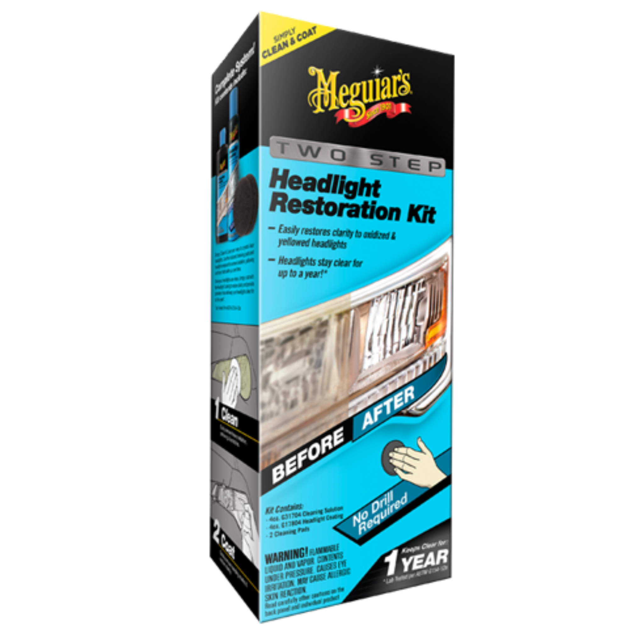 Meguiar's 2 Step Headlight Restoration Kit – a complete kit including cleaning and coating solutions designed to restore clarity to cloudy or yellowed headlights, with packaging displaying the two-step process and brand logo.