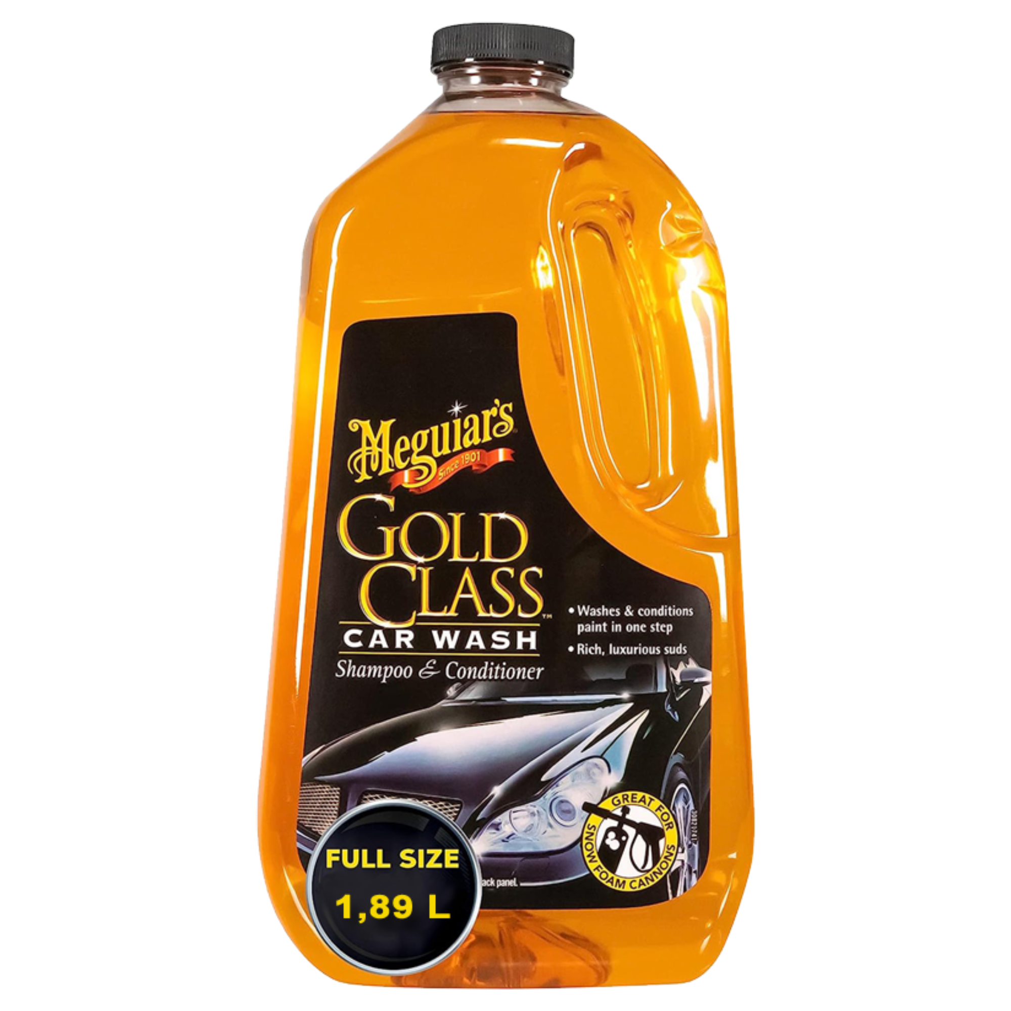 1.89L bottle of Meguiar's Gold Class Car Wash Shampoo & Conditioner, designed to gently clean and condition paint in one easy step
