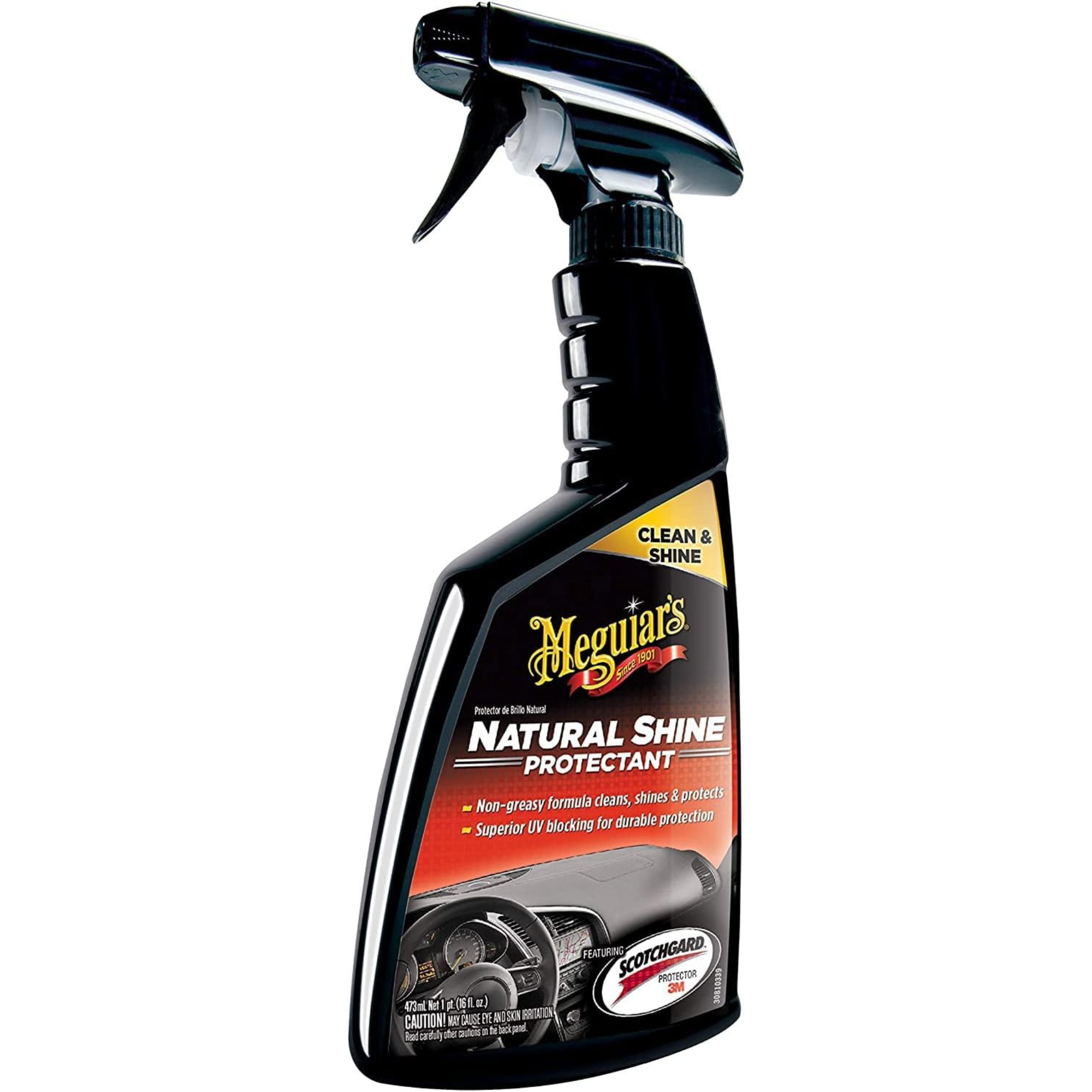  Bottle of Meguiar's Natural Shine Protectant 473ml in a black spray bottle with a purple trigger and label, designed for cleaning and protecting car interior surfaces with a natural, non-greasy finish