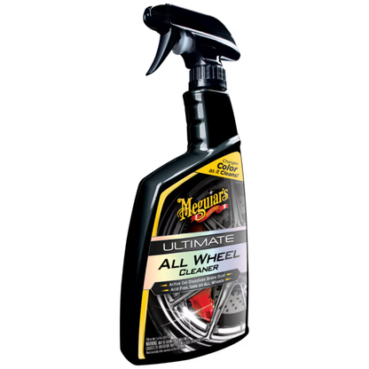 709ml spray bottle of Meguiar's Ultimate All Wheel Cleaner, formulated to safely and effectively remove brake dust and road grime from all types of wheels