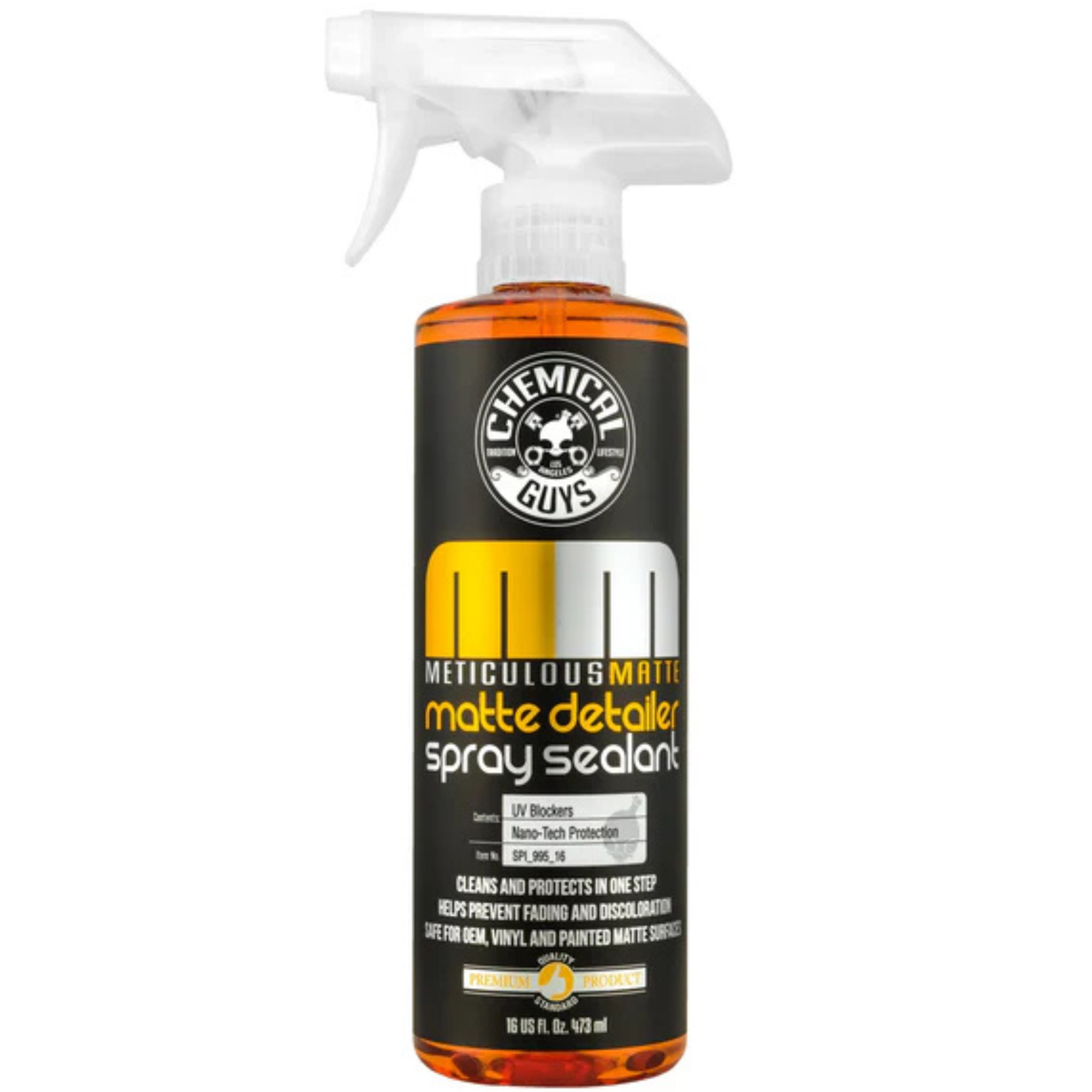 16 fl. oz. spray bottle of Chemical Guys Meticulous Matte Detailer and Spray Sealant, specially formulated for cleaning and protecting matte and satin finishes without adding shine
