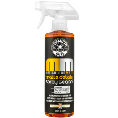 16 fl. oz. spray bottle of Chemical Guys Meticulous Matte Detailer and Spray Sealant, specially formulated for cleaning and protecting matte and satin finishes without adding shine