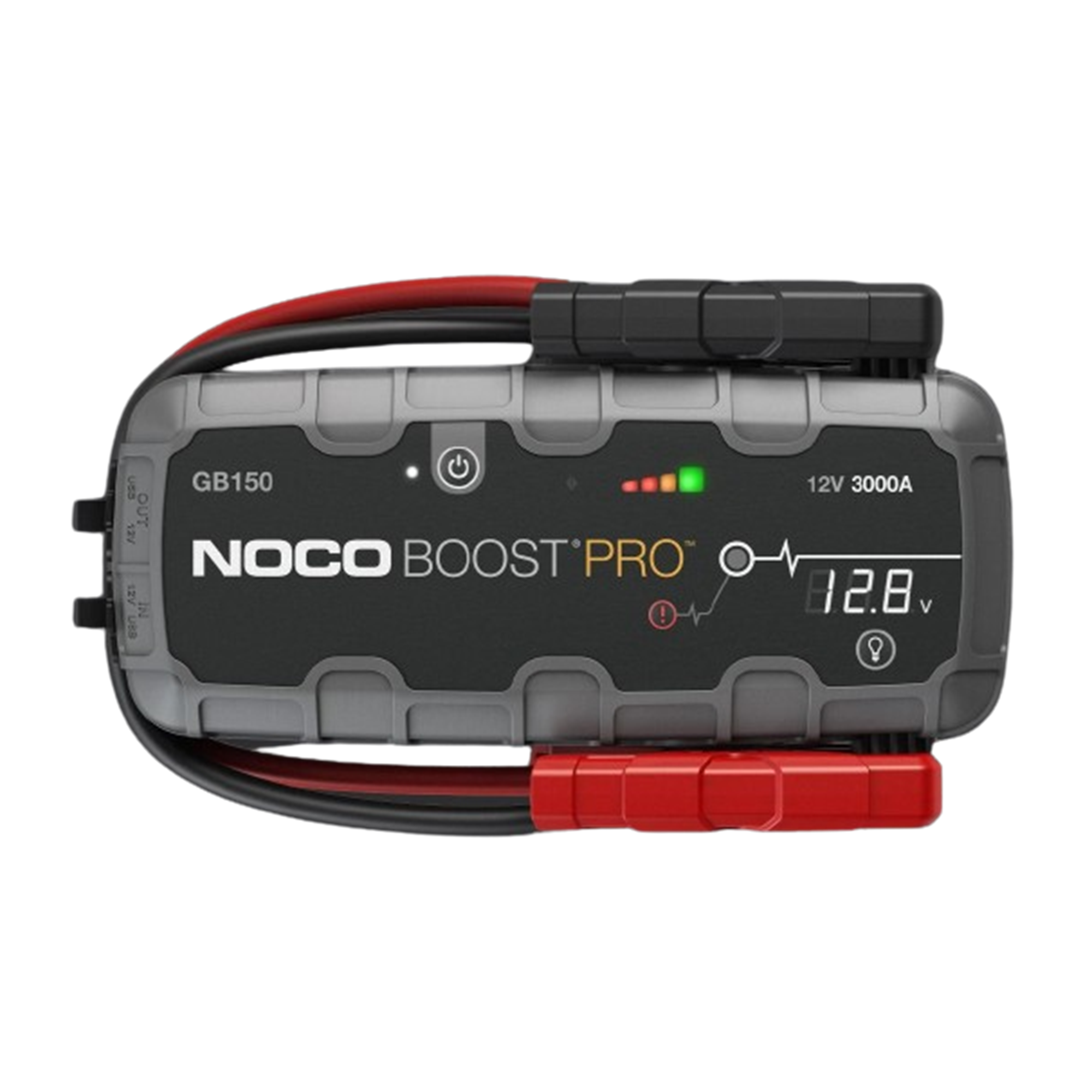 NOCO Genius Boost Jump Starter – compact, portable lithium battery jump starter with attached jumper cables, LED flashlight, and USB charging ports, designed for 12V car batteries