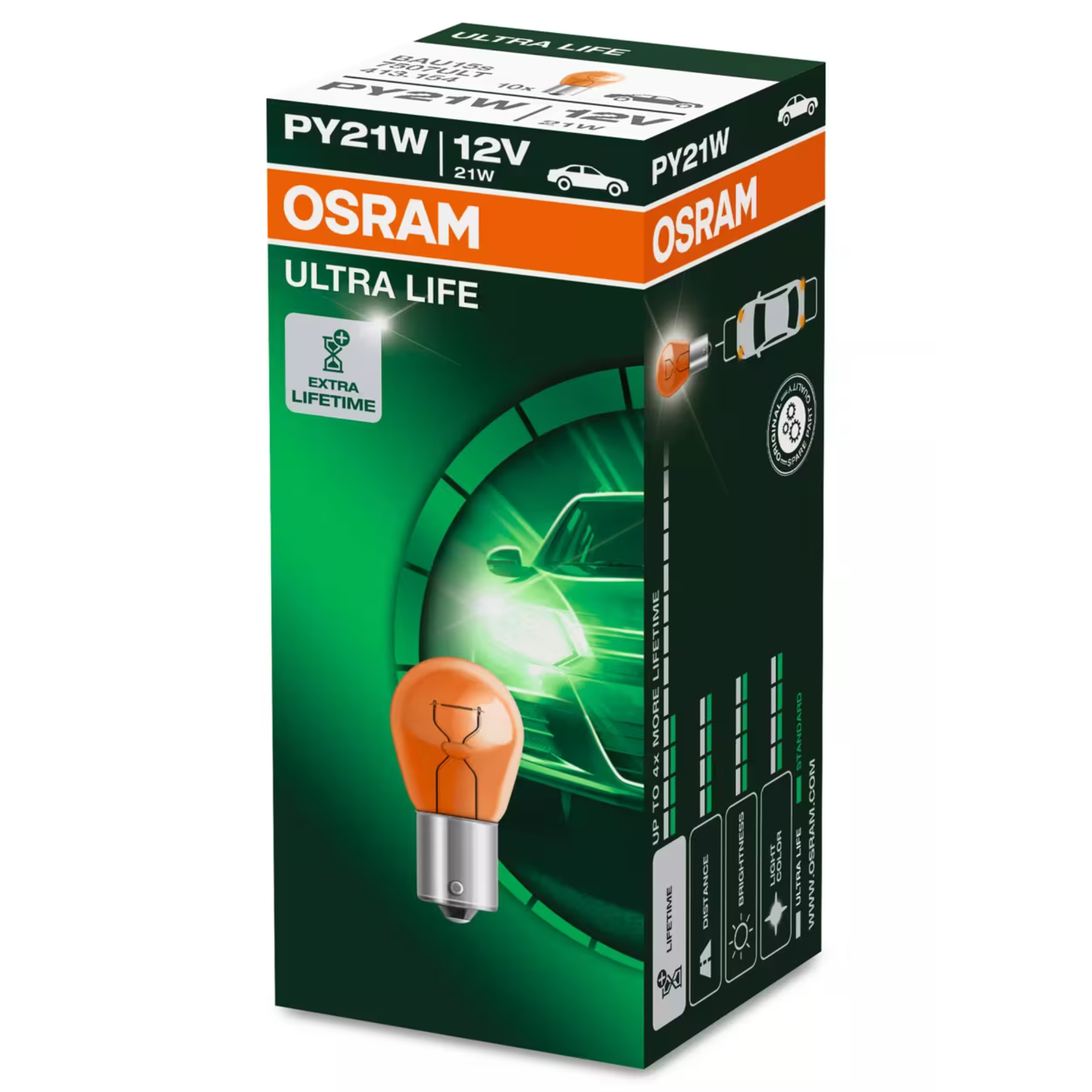Pack of 10 OSRAM 581 Ultra Life PY21W indicator bulbs, amber automotive turn signal bulbs with BAU15s base, designed for long-life performance and compatible with many car indicator/turn signal systems
