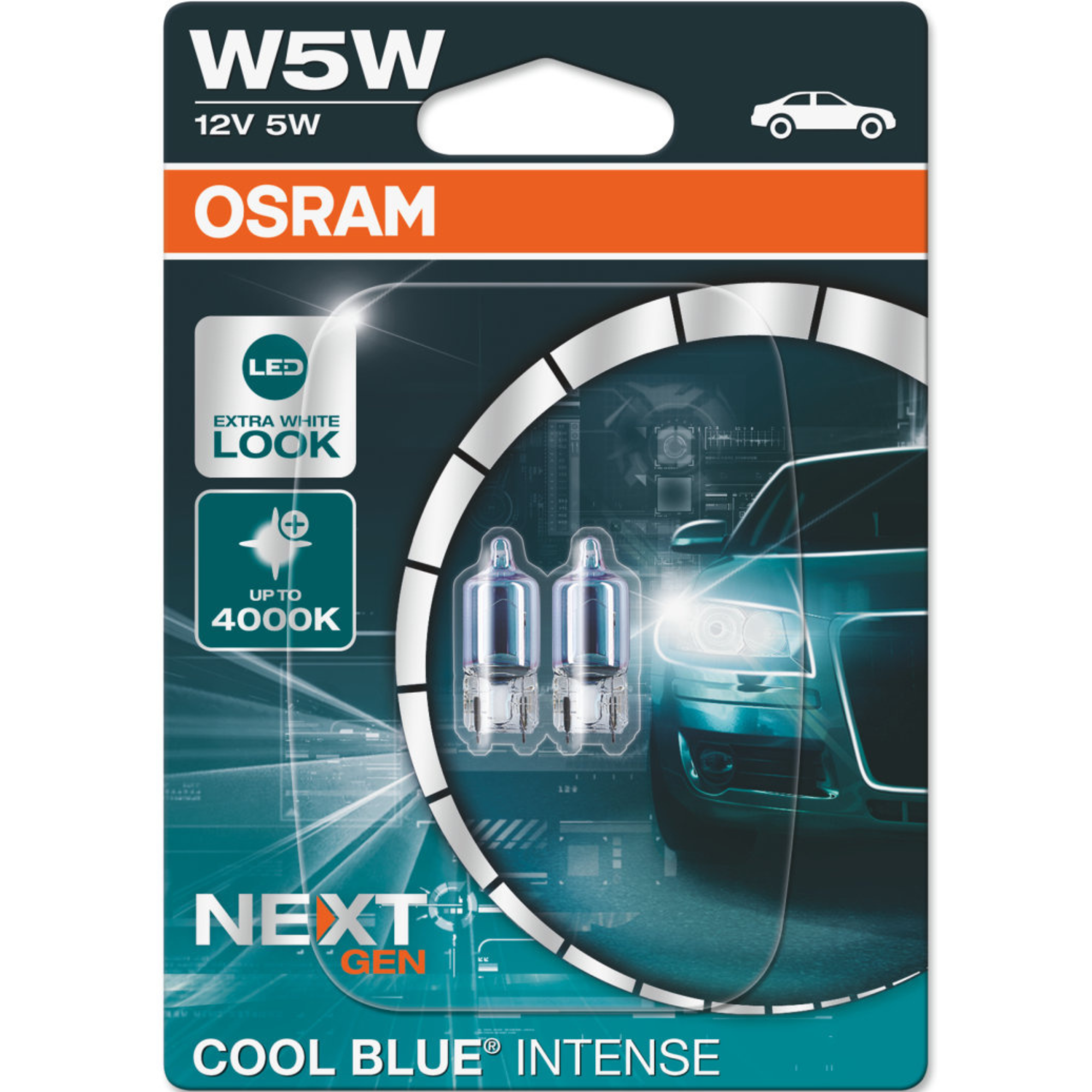 Osram W5W Cool Blue Intense (Next Gen) halogen bulbs in twin blister packaging, featuring two compact automotive bulbs with a cool blue-white light effect shown on the package