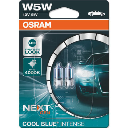 Osram W5W Cool Blue Intense (Next Gen) halogen bulbs in twin blister packaging, featuring two compact automotive bulbs with a cool blue-white light effect shown on the package