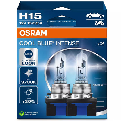 OSRAM H15 Cool Blue Intense headlight bulbs twin pack, 12V 55/15W, producing bright white-blue light for enhanced visibility