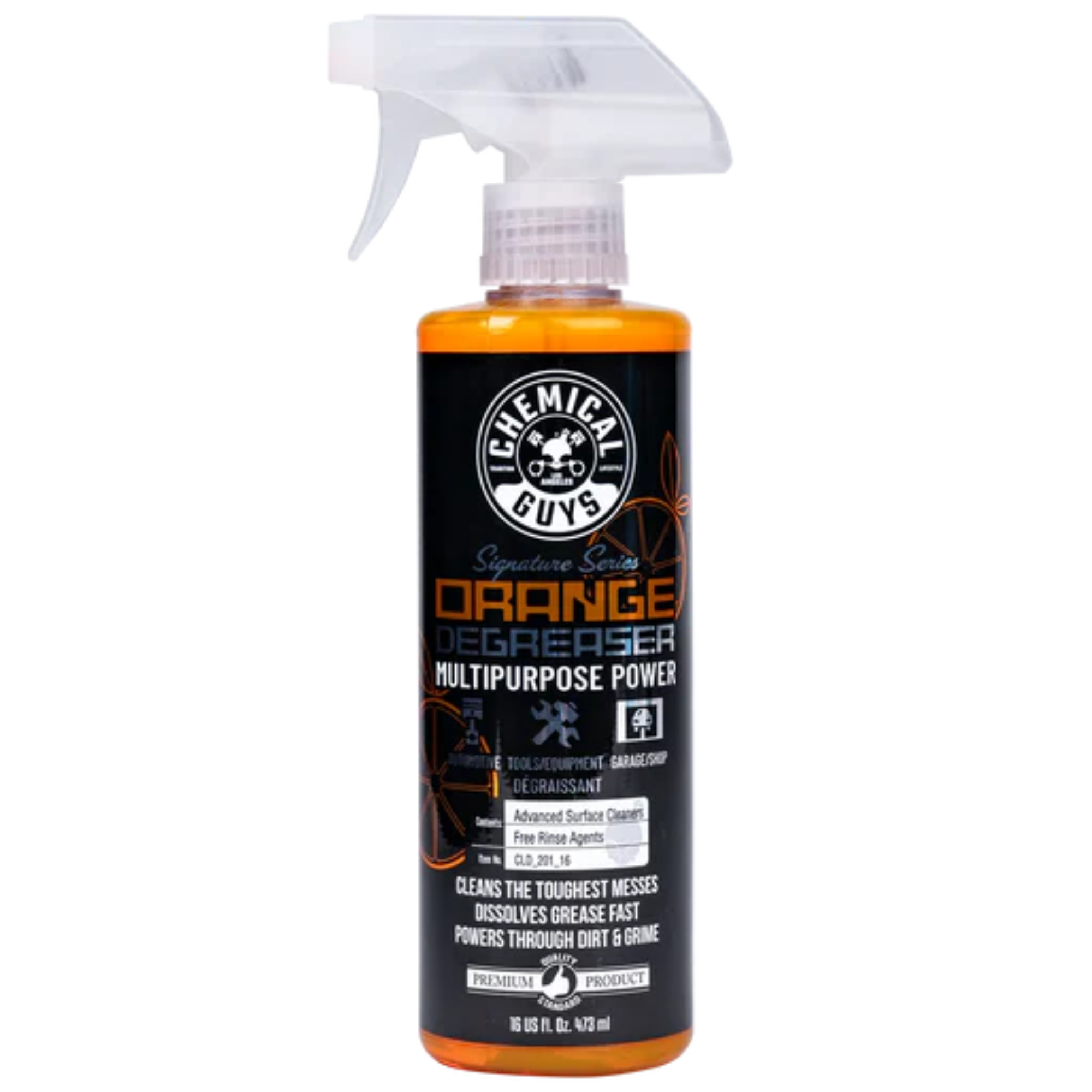 Orange Degreaser Signature Series (16 fl. oz.) – a powerful citrus-based cleaning solution designed to remove grease, grime, and oil from engines and surfaces. orange spray bottle with a black trigger nozzle and bold label