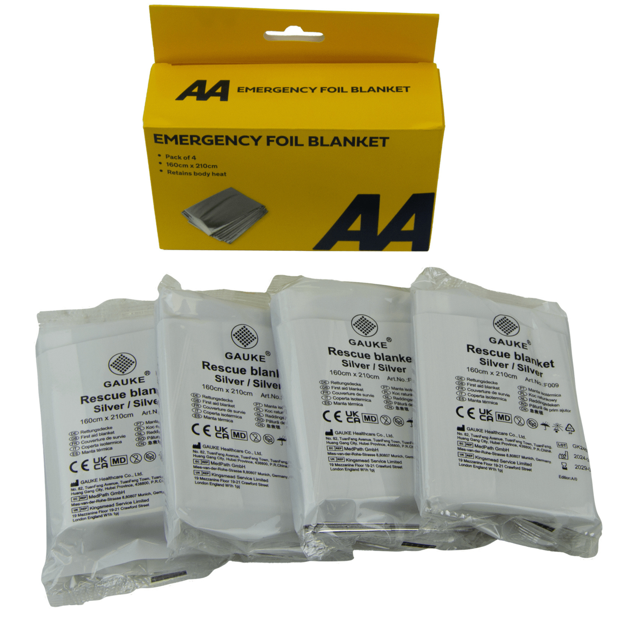 Pack of four AA emergency foil blankets, lightweight and reflective silver, folded individually for compact storage and use in emergencies