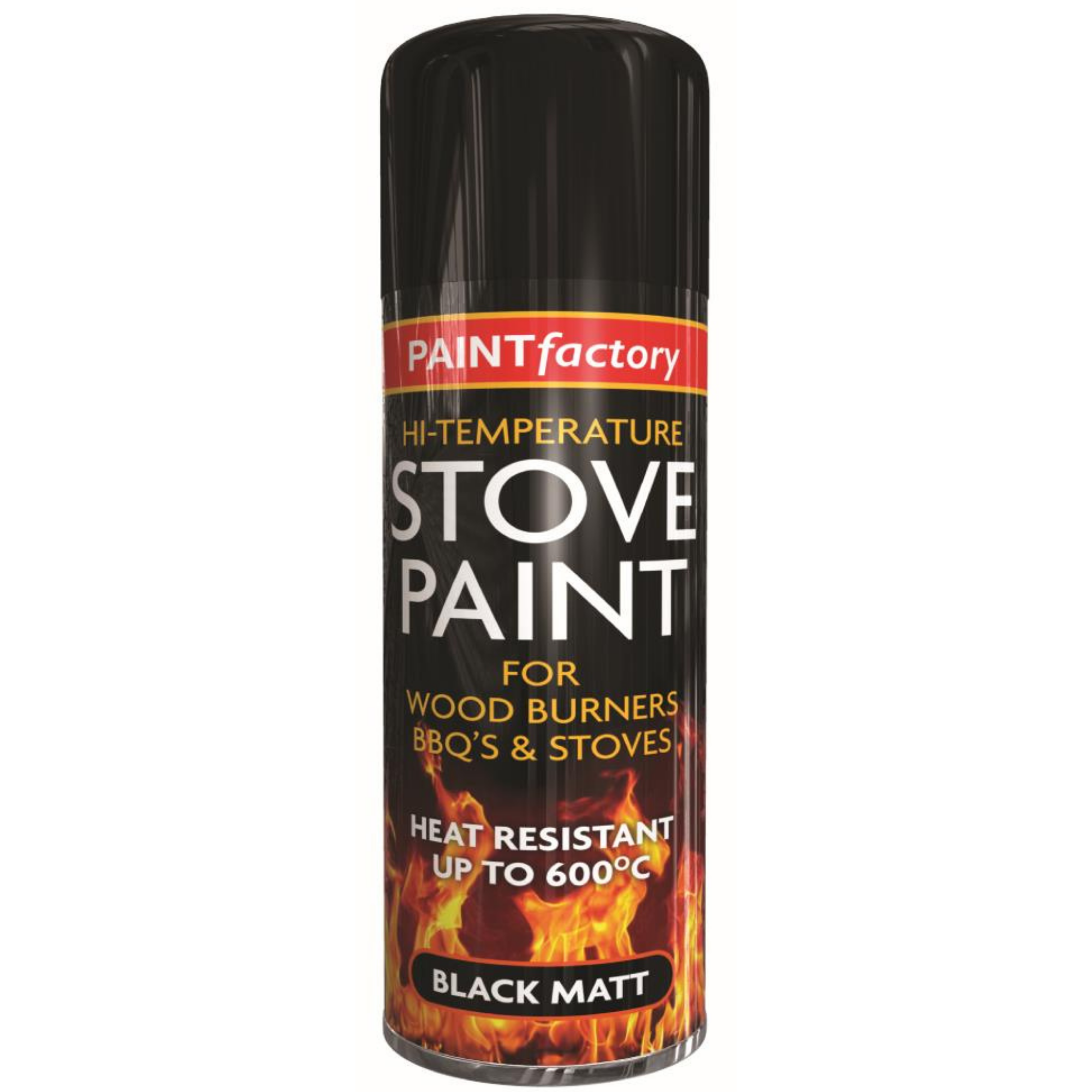 Paintfactory Stove Paint Spray Paint Heat Resistant Black Matt 400ml can, ideal for heat-resistant black matt stove and metal surface applications.