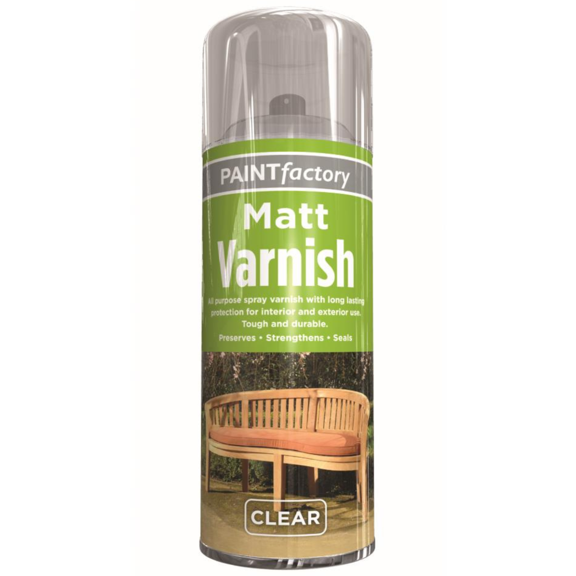 "400ml can of Paint Factory Matt Varnish Spray in clear finish, featuring a black and silver label with product branding and usage details."