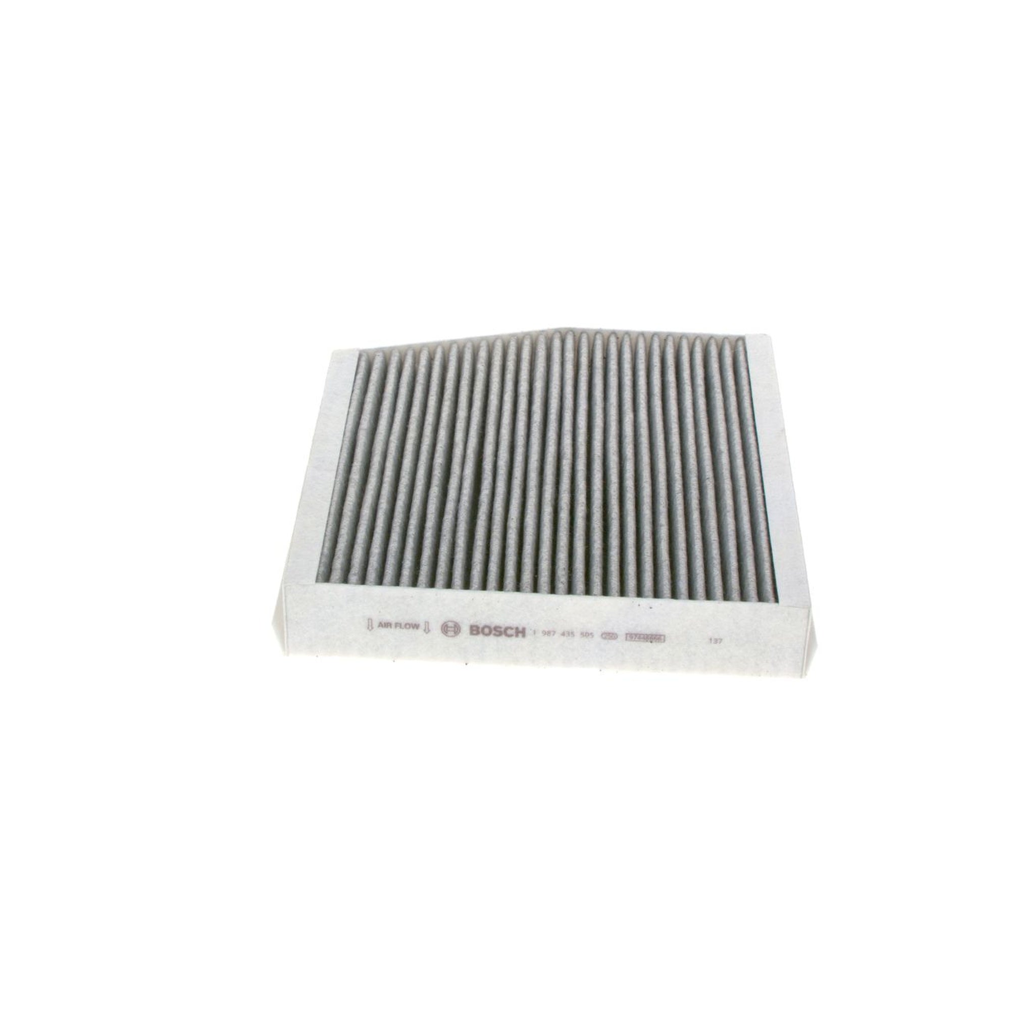 1987435505 - R5505,"Bosch Cabin Air Pollen Filter model 1987435505 (R5505), rectangular automotive air filter with pleated white filtration material and black frame, designed to remove pollen, dust, and other airborne particles from vehicle interiors."