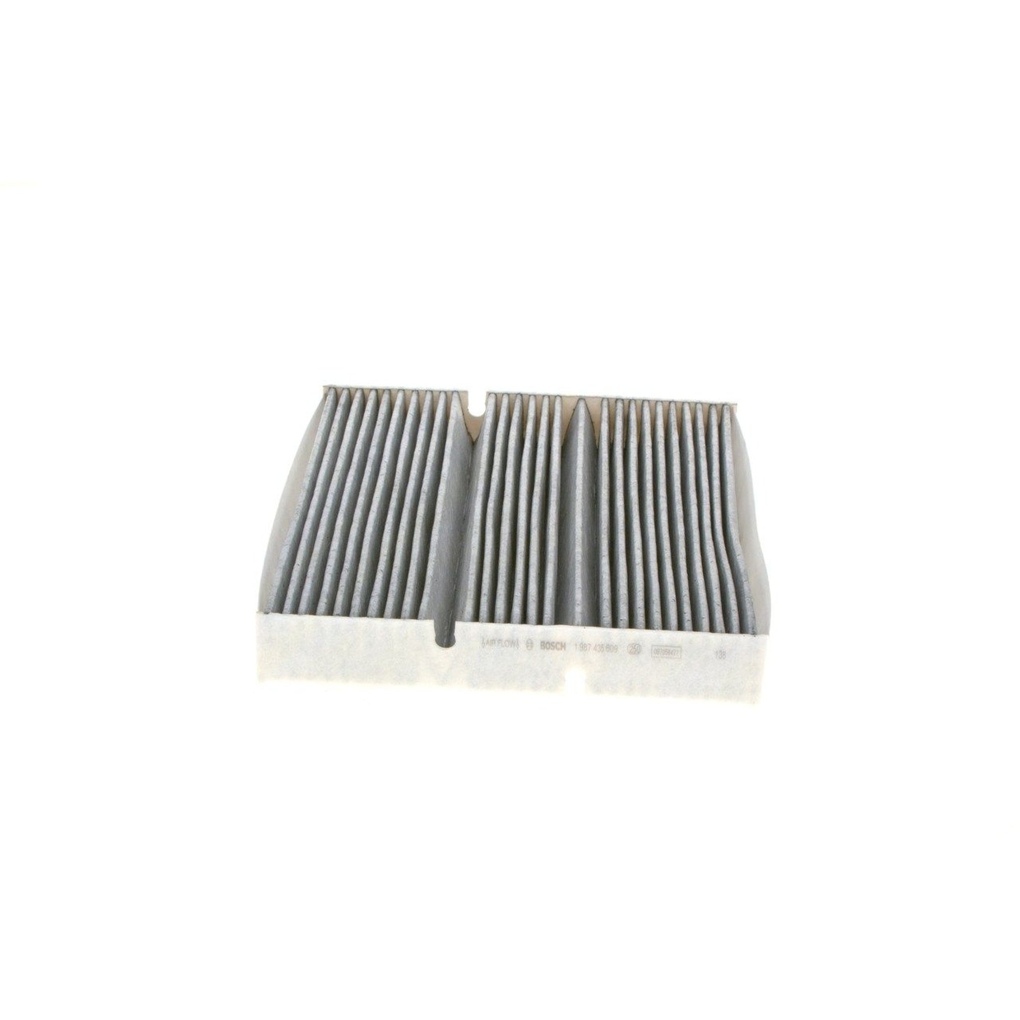 1987435609 - R5609,"Bosch Cabin Air Pollen Filter model 1987435609 (R5609), rectangular automotive air filter with pleated white filtration material and black frame, designed to remove pollen, dust, and other airborne particles from vehicle interiors."