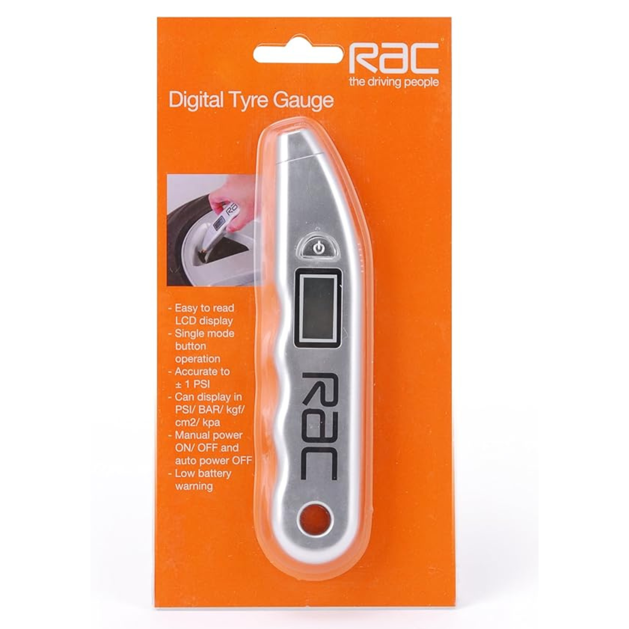 RAC digital tyre gauge with easy-to-read display for checking and maintaining correct tyre pressure