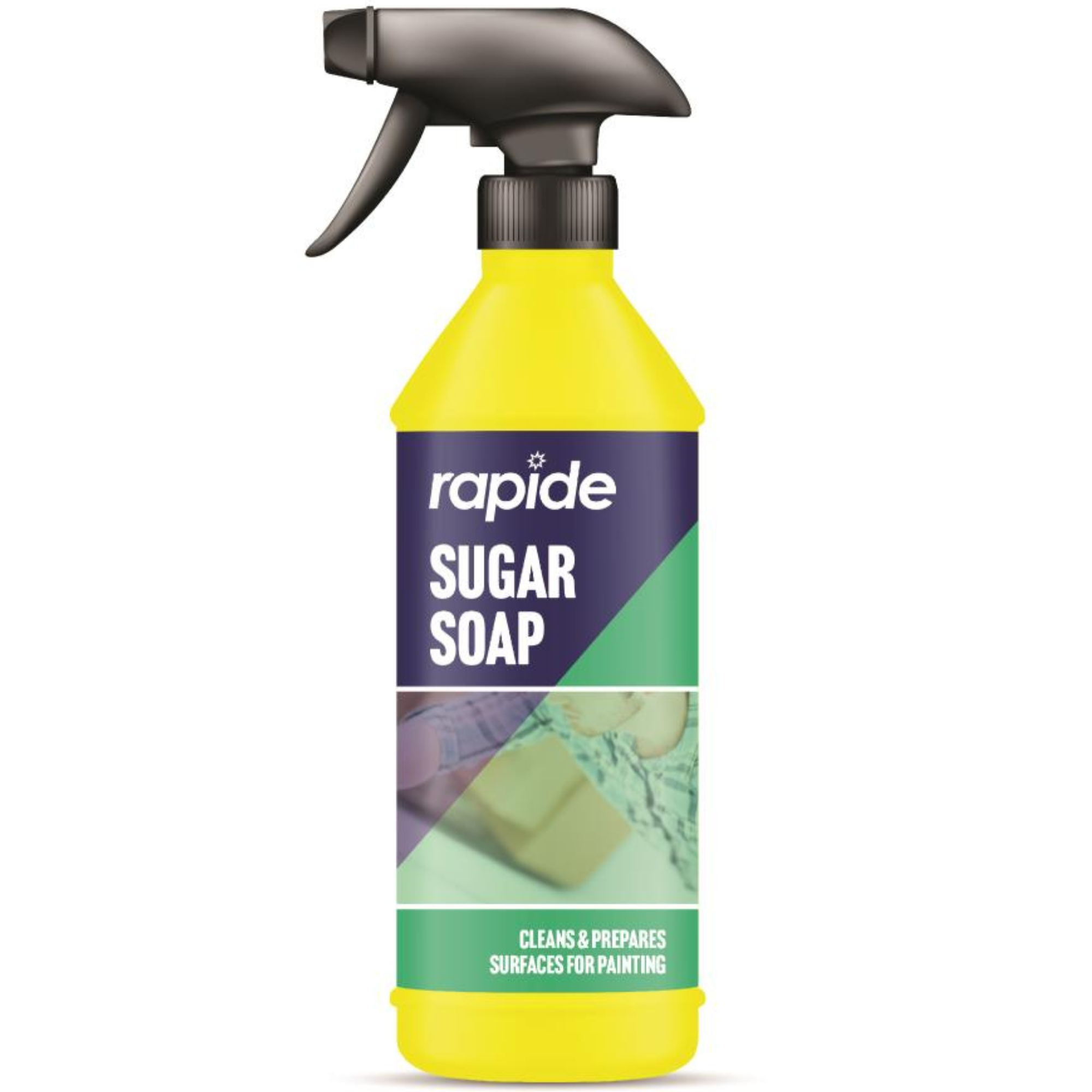 A 500ml bottle of Rapide Sugar Soap Trigger Cleaner with a spray nozzle, used for cleaning and preparing surfaces before painting.