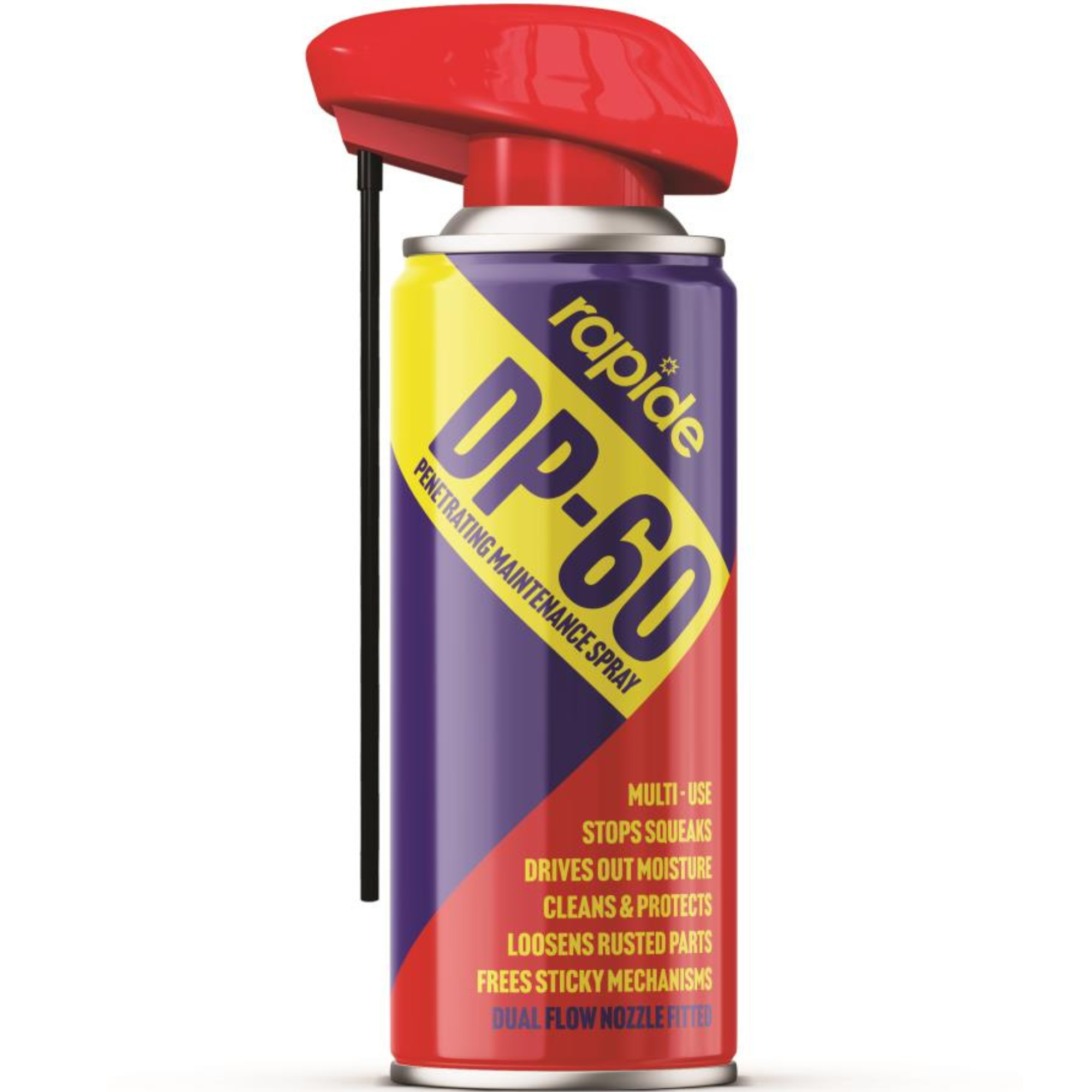 Rapide DP-60 Penetrating Maintenance Spray 400ml can, featuring a red cap and yellow label with black and white text, designed for loosening rusted parts, displacing moisture, and general lubrication.