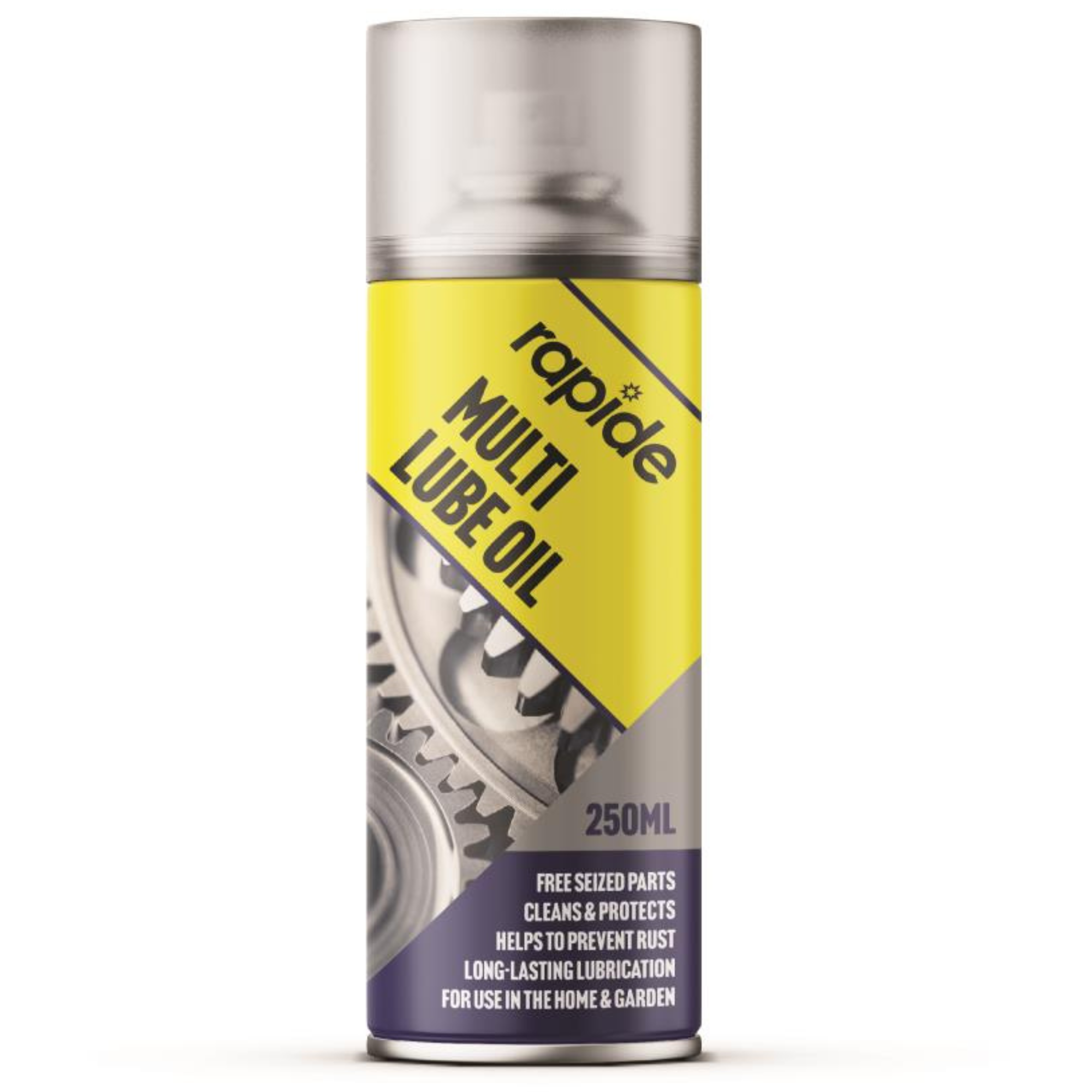 Rapide Multi Lube Oil 250ml bottle – a versatile lubricant suitable for use on metal parts, tools, and machinery. Comes in a compact plastic bottle with a precision nozzle for controlled application