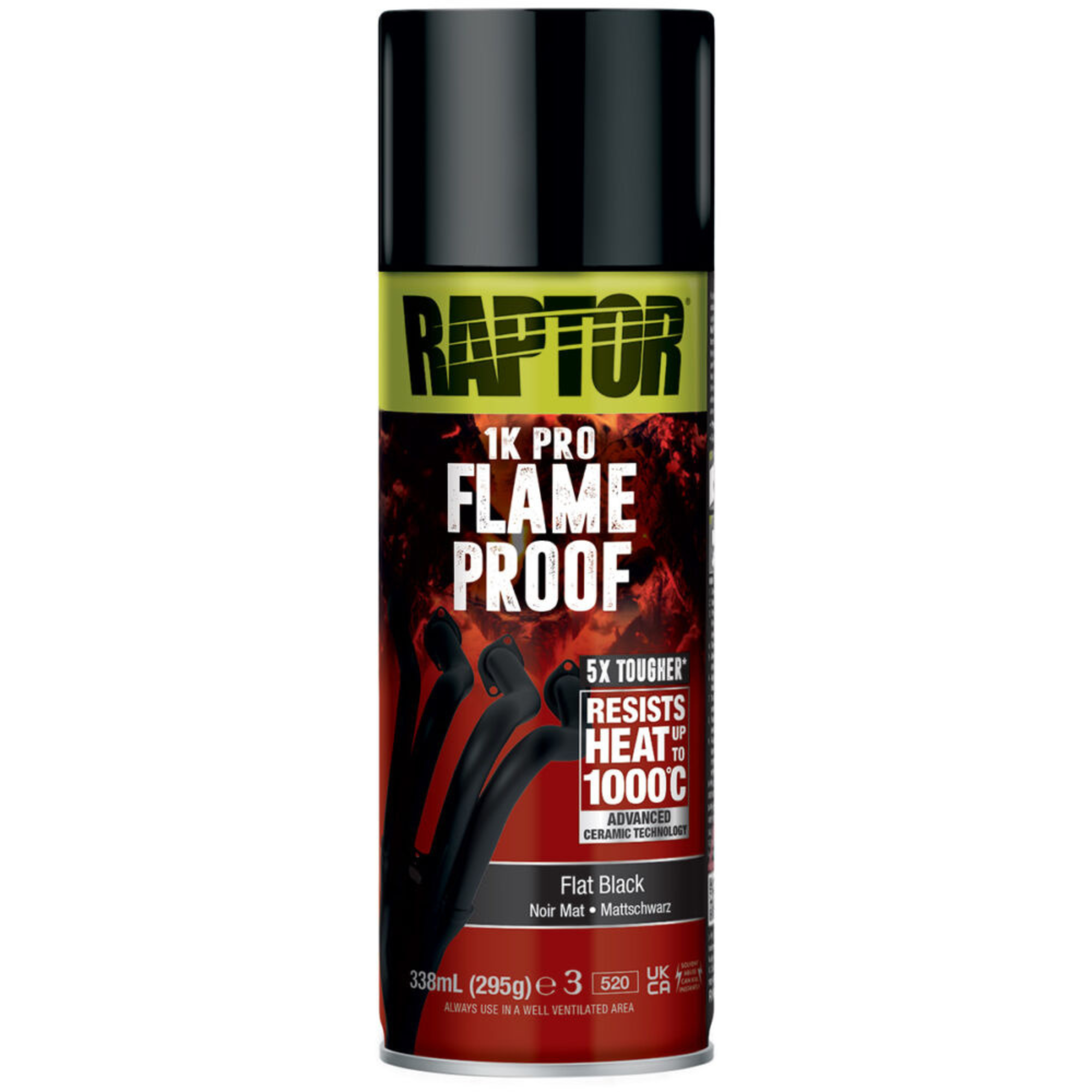 Raptor Flameproof Flat Black 400ml spray can designed for high-heat surfaces, featuring a matte black finish and heat-resistant formula packaging.