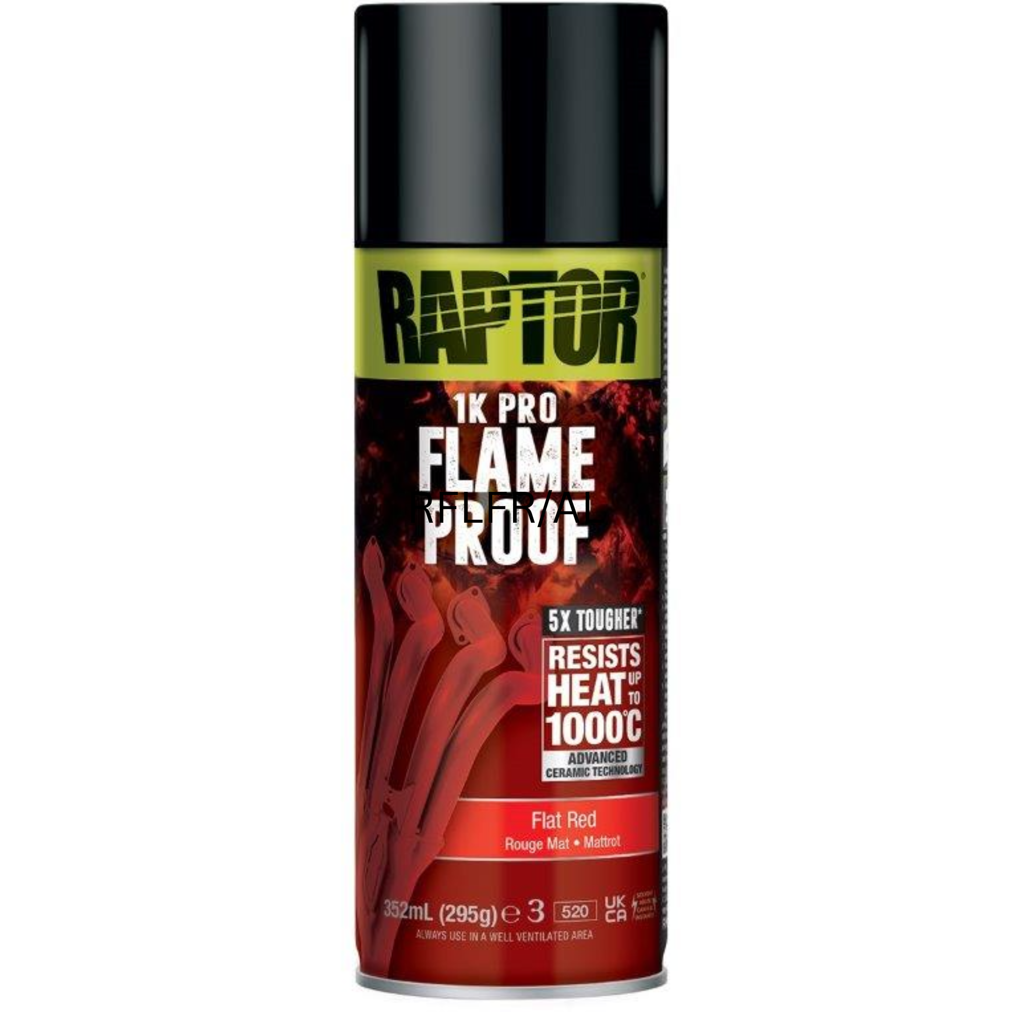 A 400ml aerosol can of Raptor Flameproof Paint in flat red, designed to resist high temperatures and protect automotive and industrial surfaces with a heat-resistant finish