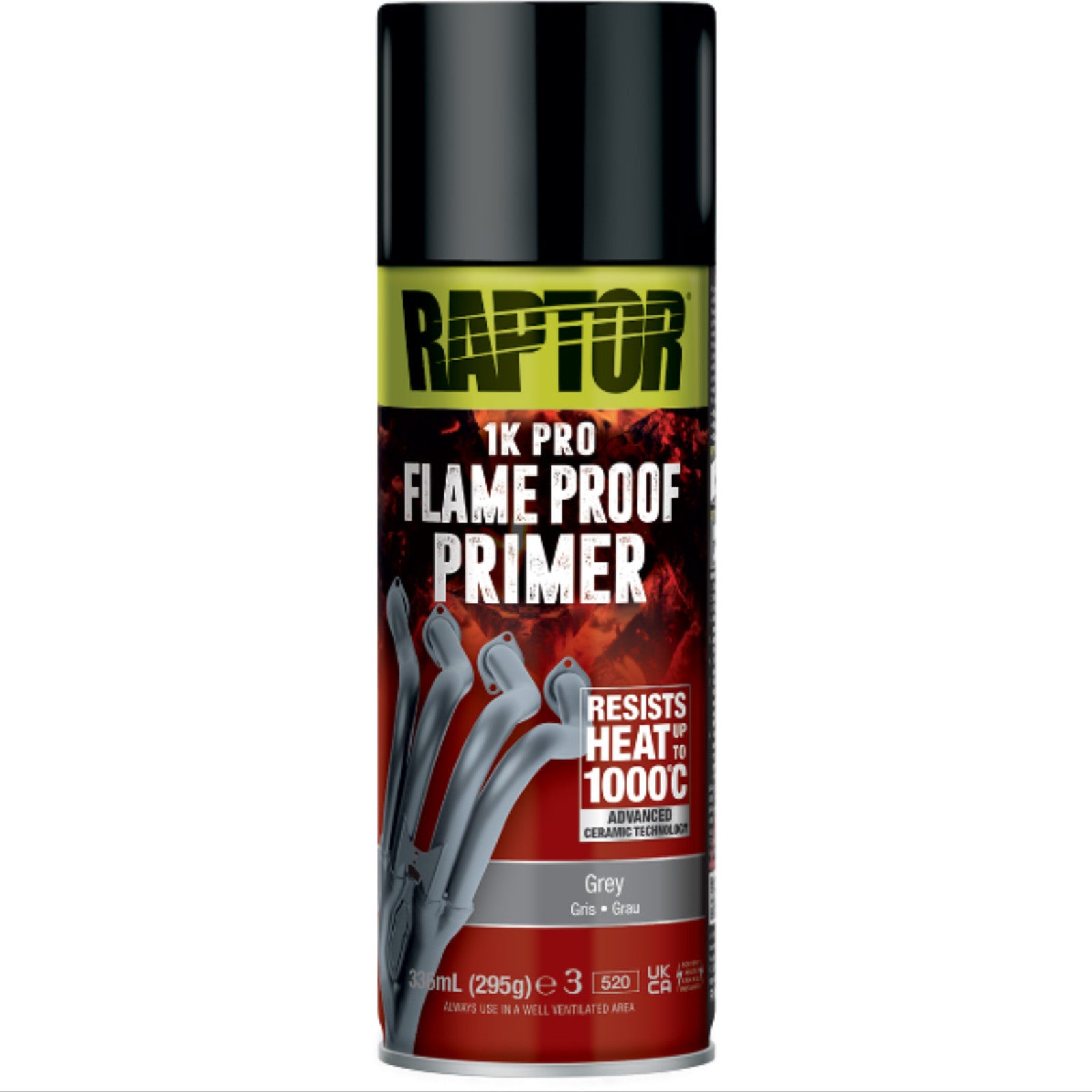 A 400ml aerosol can of Raptor Flameproof Primer in grey, formulated to withstand high temperatures and provide a heat-resistant base coat for automotive and industrial surfaces