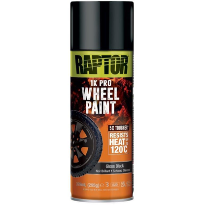 A 378ml aerosol can of Raptor Wheel Paint in gloss black, designed to deliver a durable, high-shine finish for automotive wheels