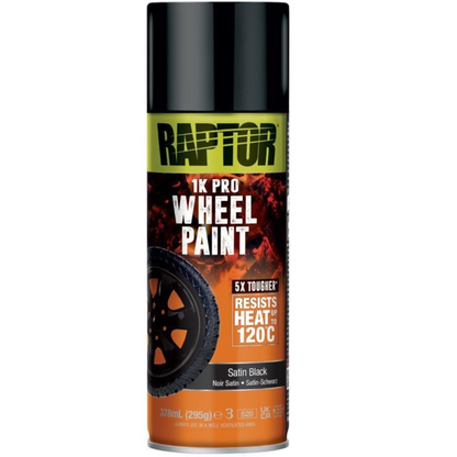A 378ml aerosol can of Raptor Wheel Paint in satin black, formulated to provide a tough, durable finish for vehicle wheels