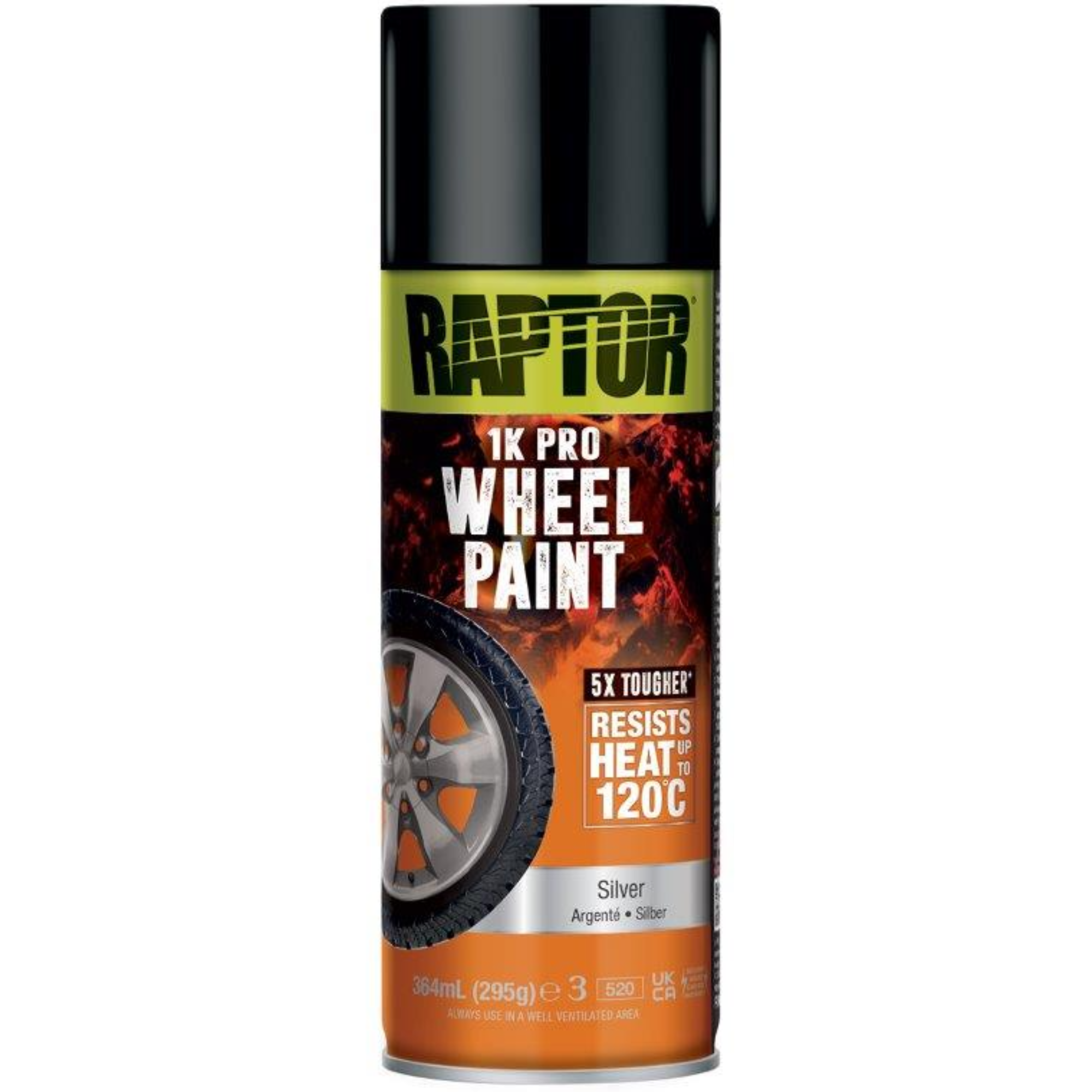 A 378ml aerosol can of Raptor Wheel Paint in silver, designed for refinishing and protecting vehicle wheels with a durable, high-performance finish