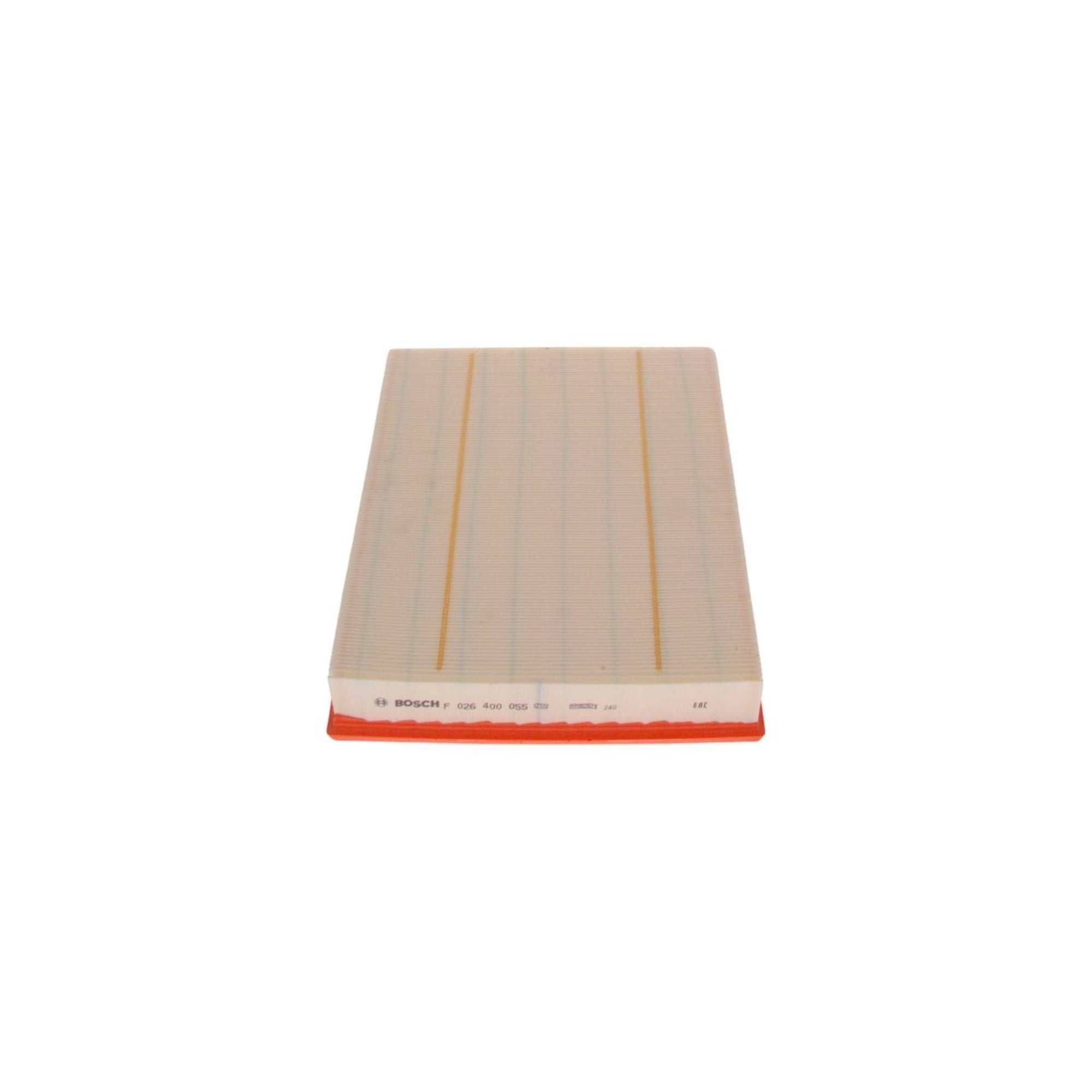 F026400055,S0055,Bosch air filter F026400055 S0055, rectangular automotive engine air filter with pleated paper element and black plastic frame