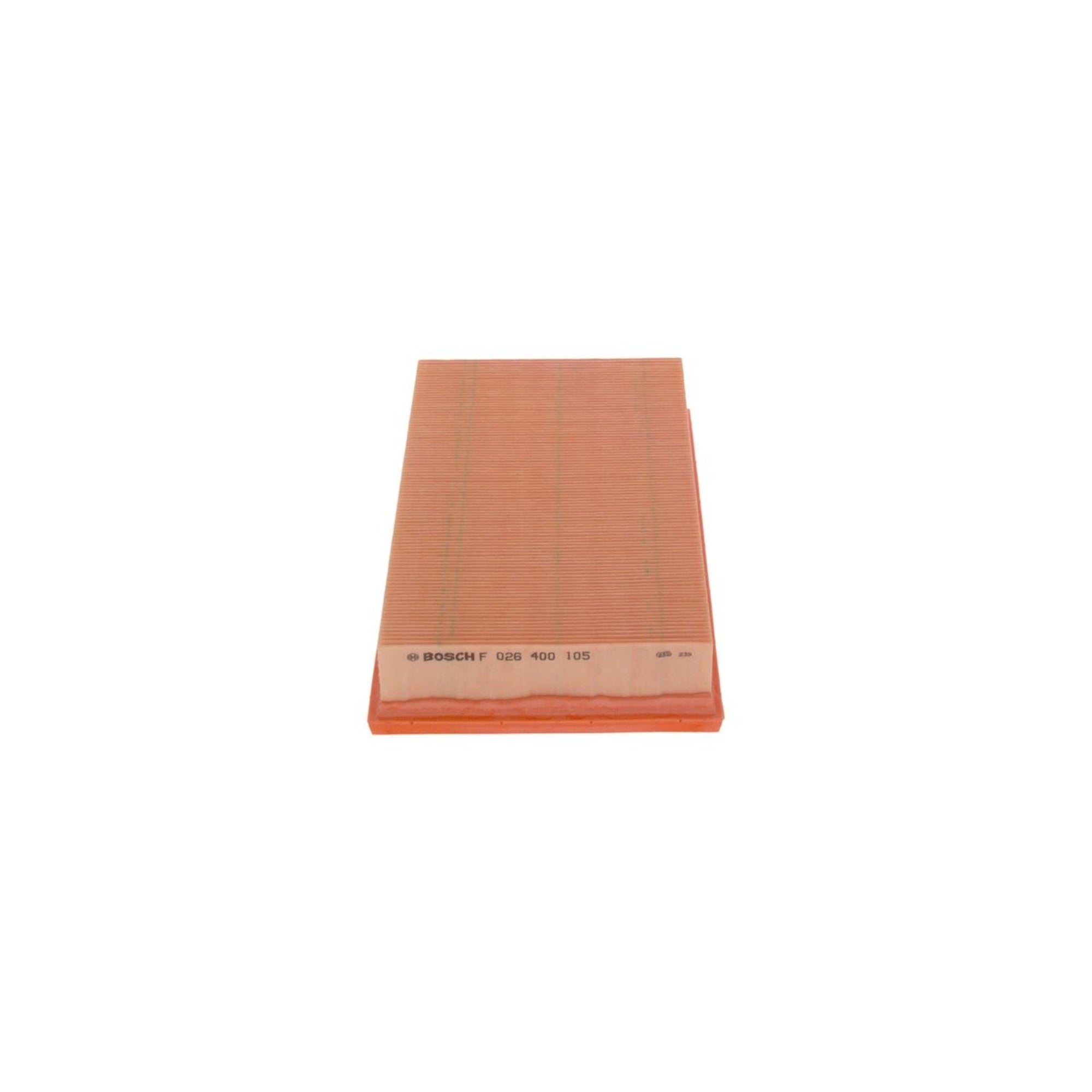 F026400105,S0105,Bosch air filter F026400105 S0105, rectangular automotive engine air filter with pleated paper element and black plastic frame