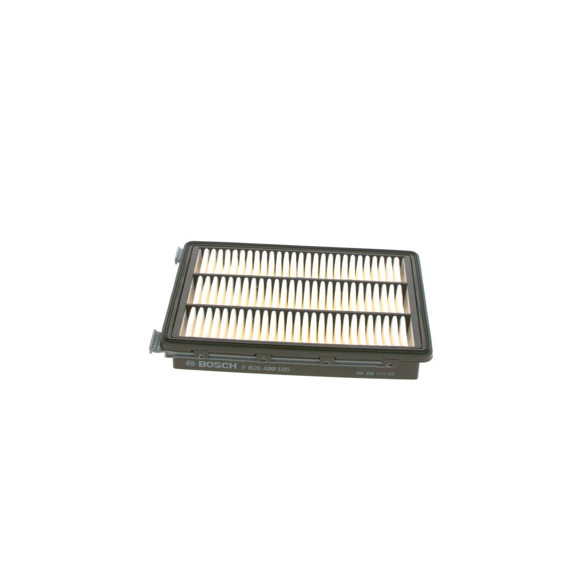 F026400185,S0185,Bosch air filter F026400185 S0185, rectangular automotive engine air filter with pleated paper element and black plastic frame