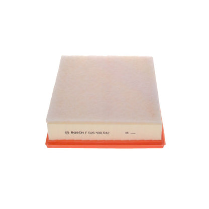 F026400642,S0642,Bosch air filter F026400642 S0642, rectangular automotive engine air filter with pleated paper element and black plastic frame