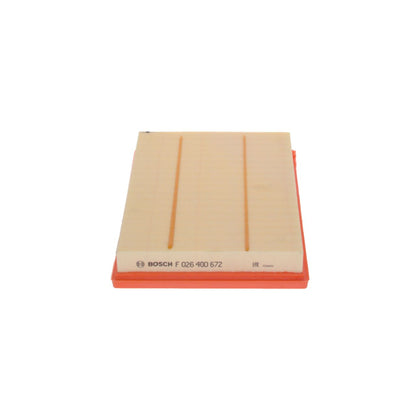 F026400672,S0672,Bosch air filter F026400672 S0672, rectangular automotive engine air filter with pleated paper element and black plastic frame