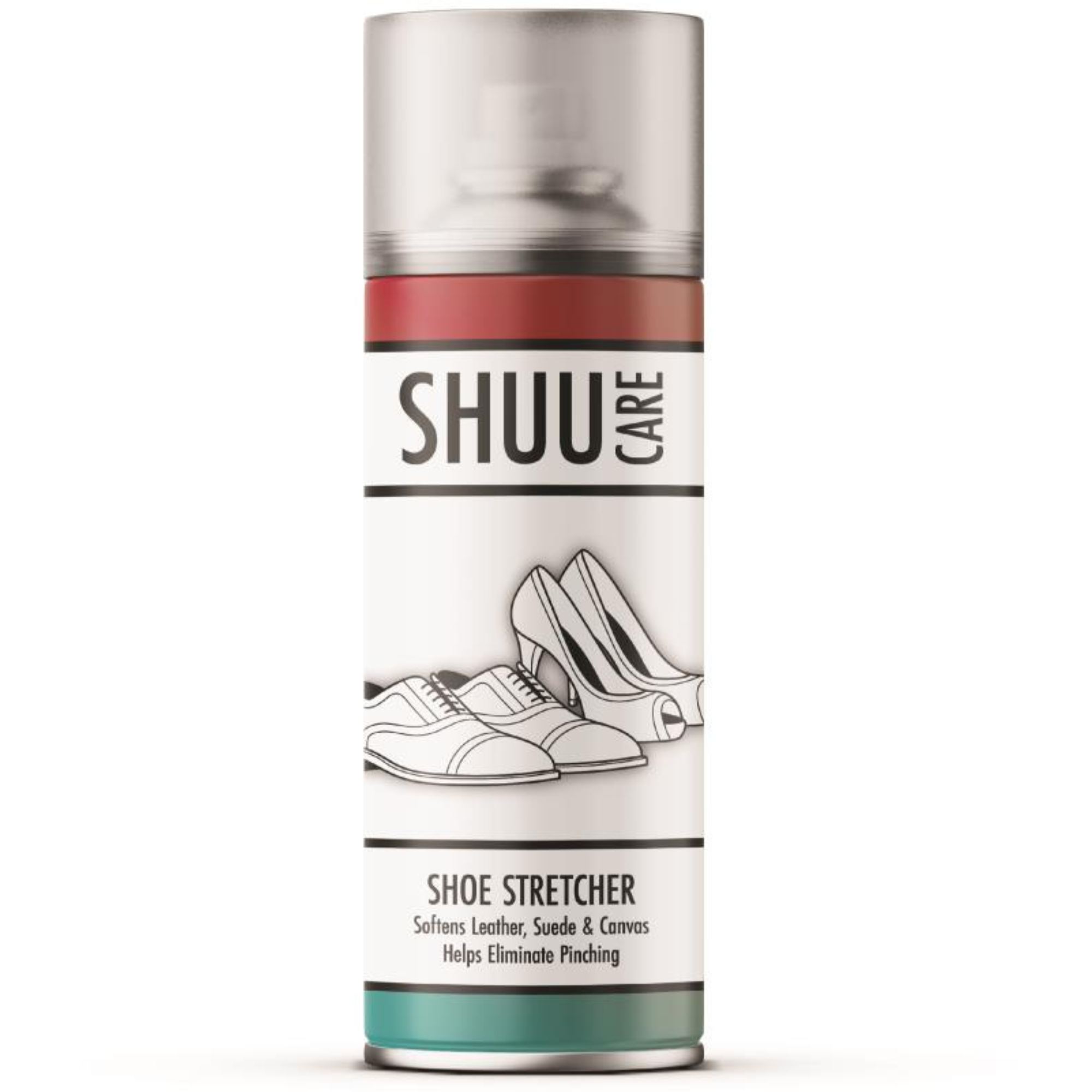 SHUU Shoe Stretcher 250ml spray can – a shoe care product designed to soften and stretch tight-fitting shoes for improved comfort. with a spray nozzle