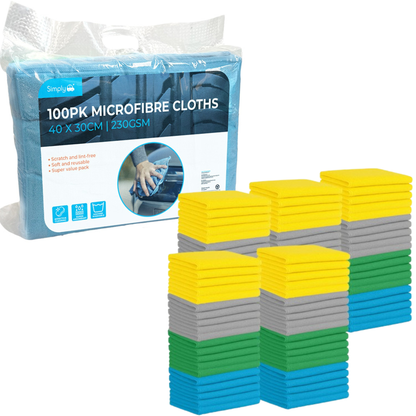 Simply Auto 100-pack microfibre cloths, 30 x 40 cm lightweight cleaning towels (27.6 g each) designed for wiping, polishing, and general vehicle cleaning and detailing