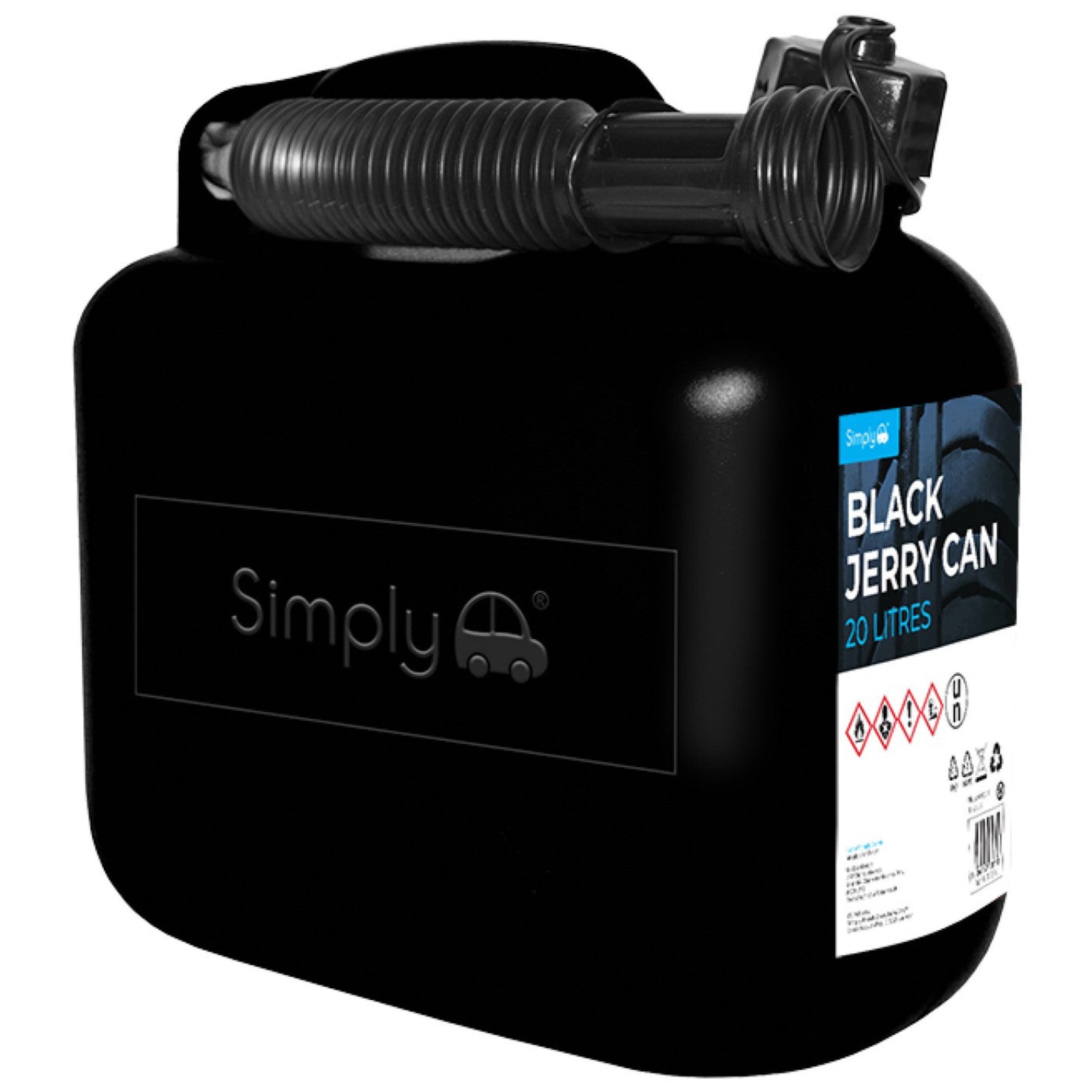 Simply Auto 20L black jerry can, a durable plastic fuel container with a handle and secure cap for storing and transporting gasoline or other liquids